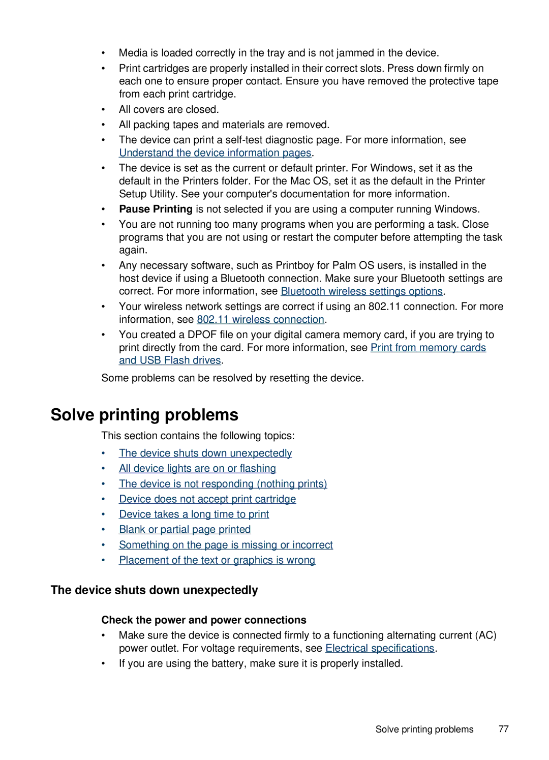 HP H470b manual Solve printing problems, Device shuts down unexpectedly, Check the power and power connections 