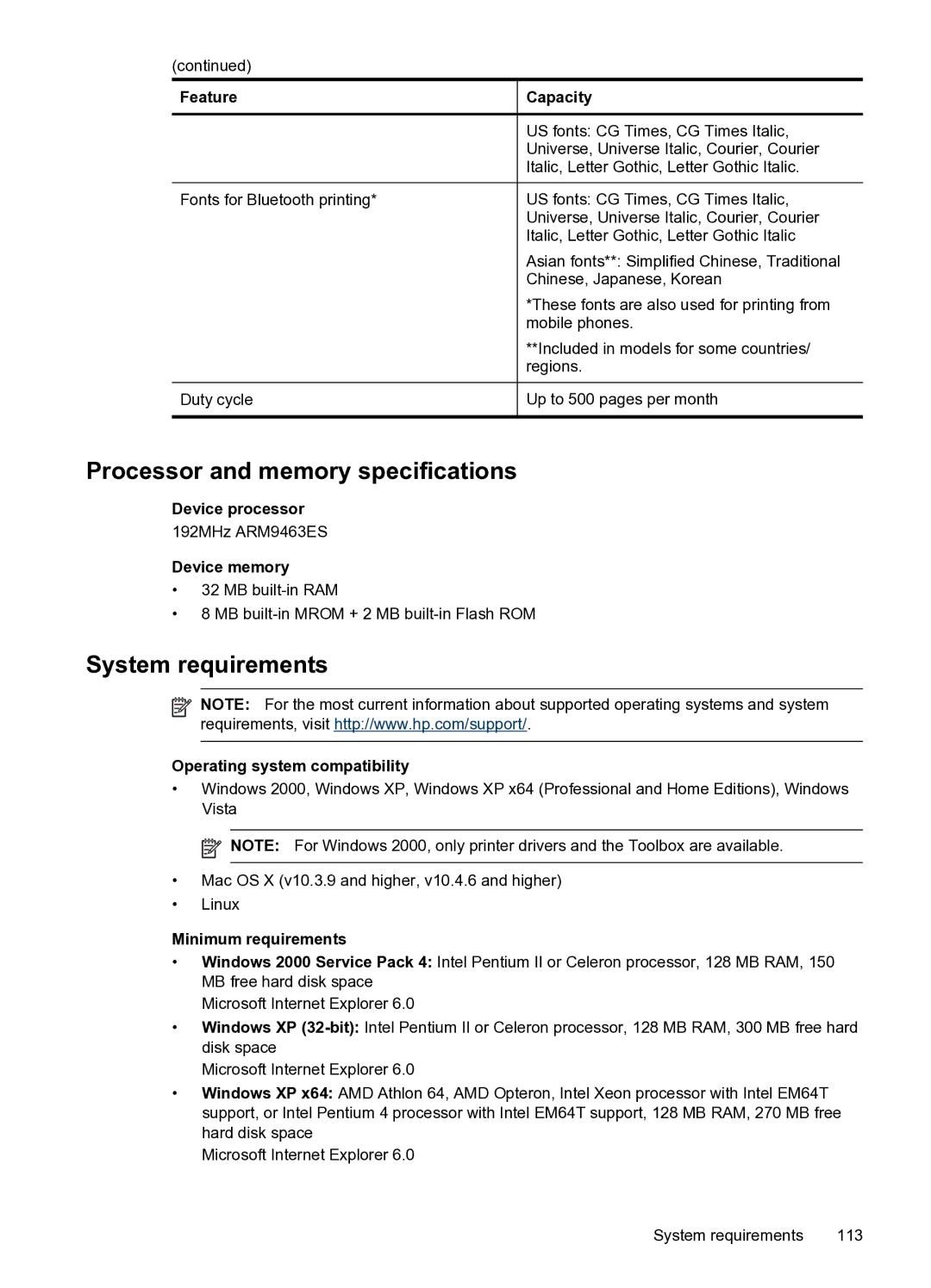 HP H470WBT Mobile Inkjet CB028A#B1H Device processor, Device memory, Operating system compatibility, Minimum requirements 