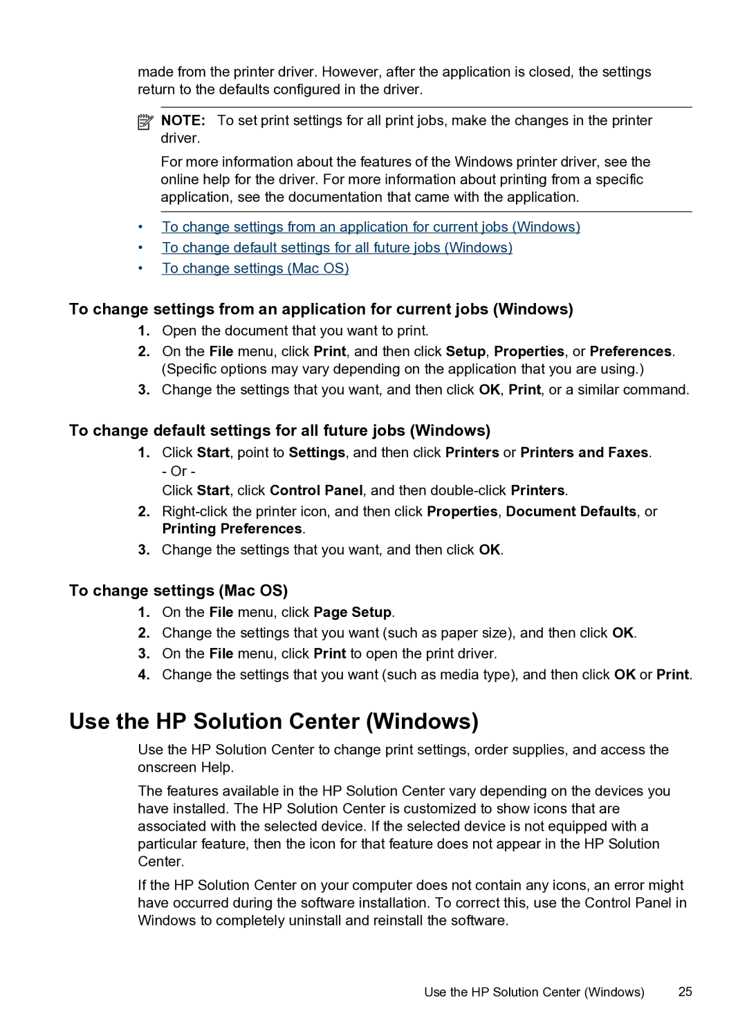 HP H470WBT Mobile Inkjet CB028A#B1H manual Use the HP Solution Center Windows, To change settings Mac OS 