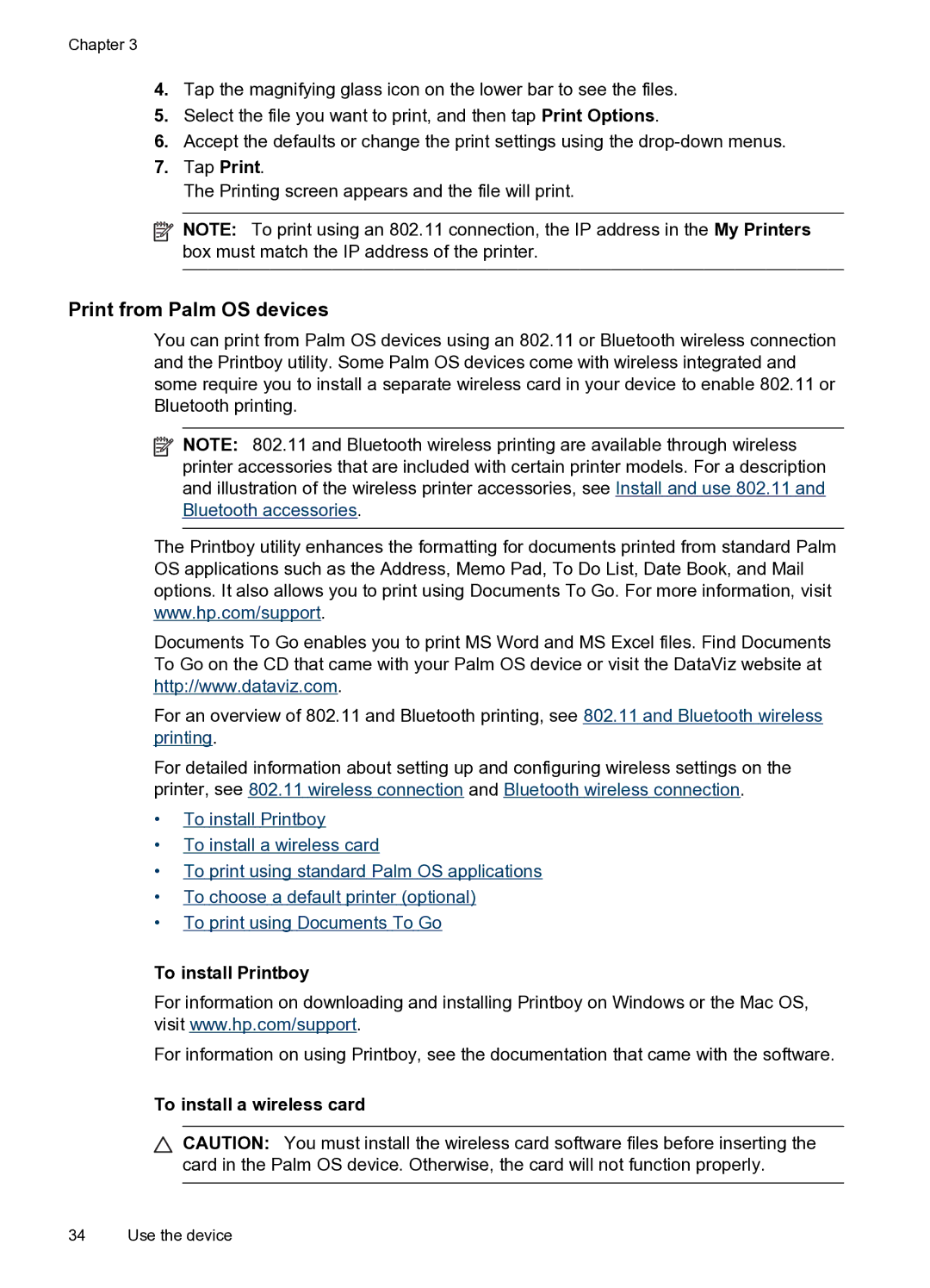 HP H470WBT Mobile Inkjet CB028A#B1H manual Print from Palm OS devices, To install Printboy, To install a wireless card 