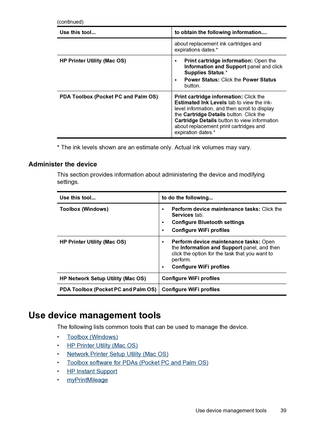 HP H470WBT Mobile Inkjet CB028A#B1H manual Use device management tools, Administer the device 