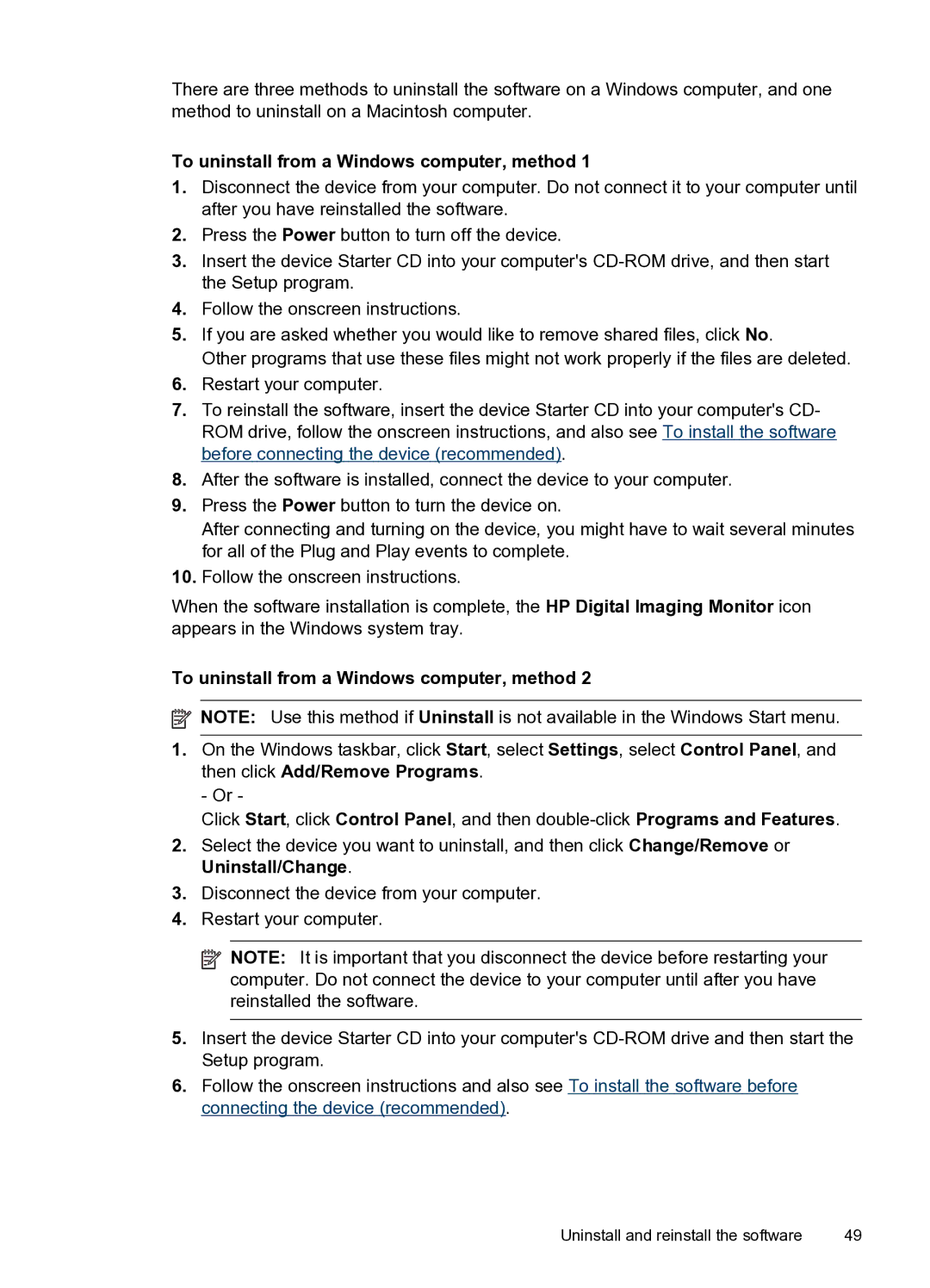 HP H470WBT Mobile Inkjet CB028A#B1H manual To uninstall from a Windows computer, method 