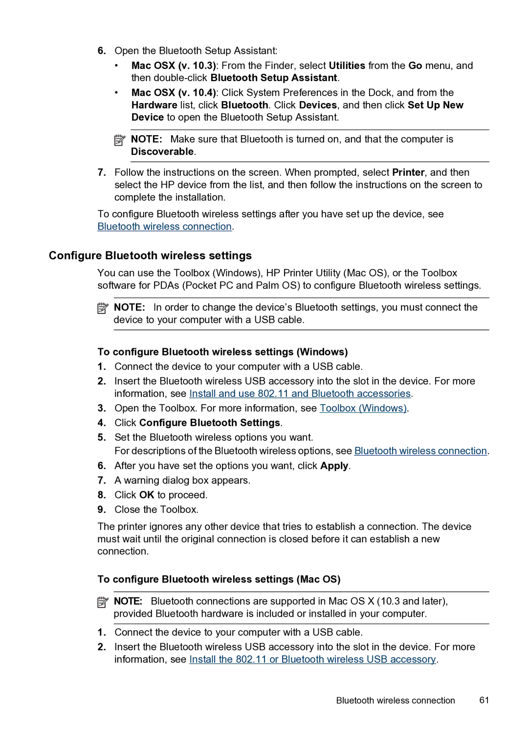 HP H470WBT Mobile Inkjet CB028A#B1H manual Configure Bluetooth wireless settings, Click Configure Bluetooth Settings 