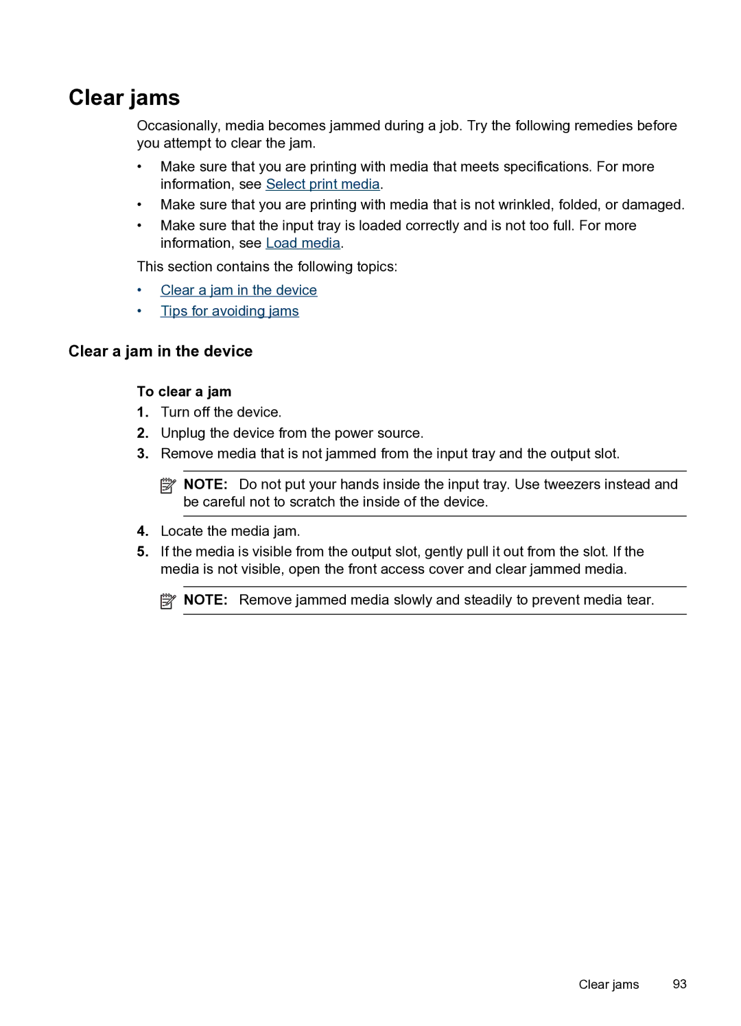 HP H470WBT Mobile Inkjet CB028A#B1H manual Clear jams, Clear a jam in the device, To clear a jam 