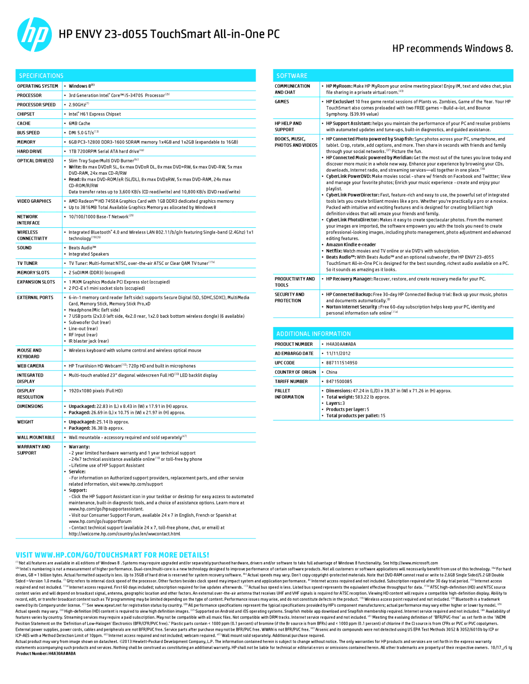 HP H4A30AARABA manual Specifications, Software, Additional Information 