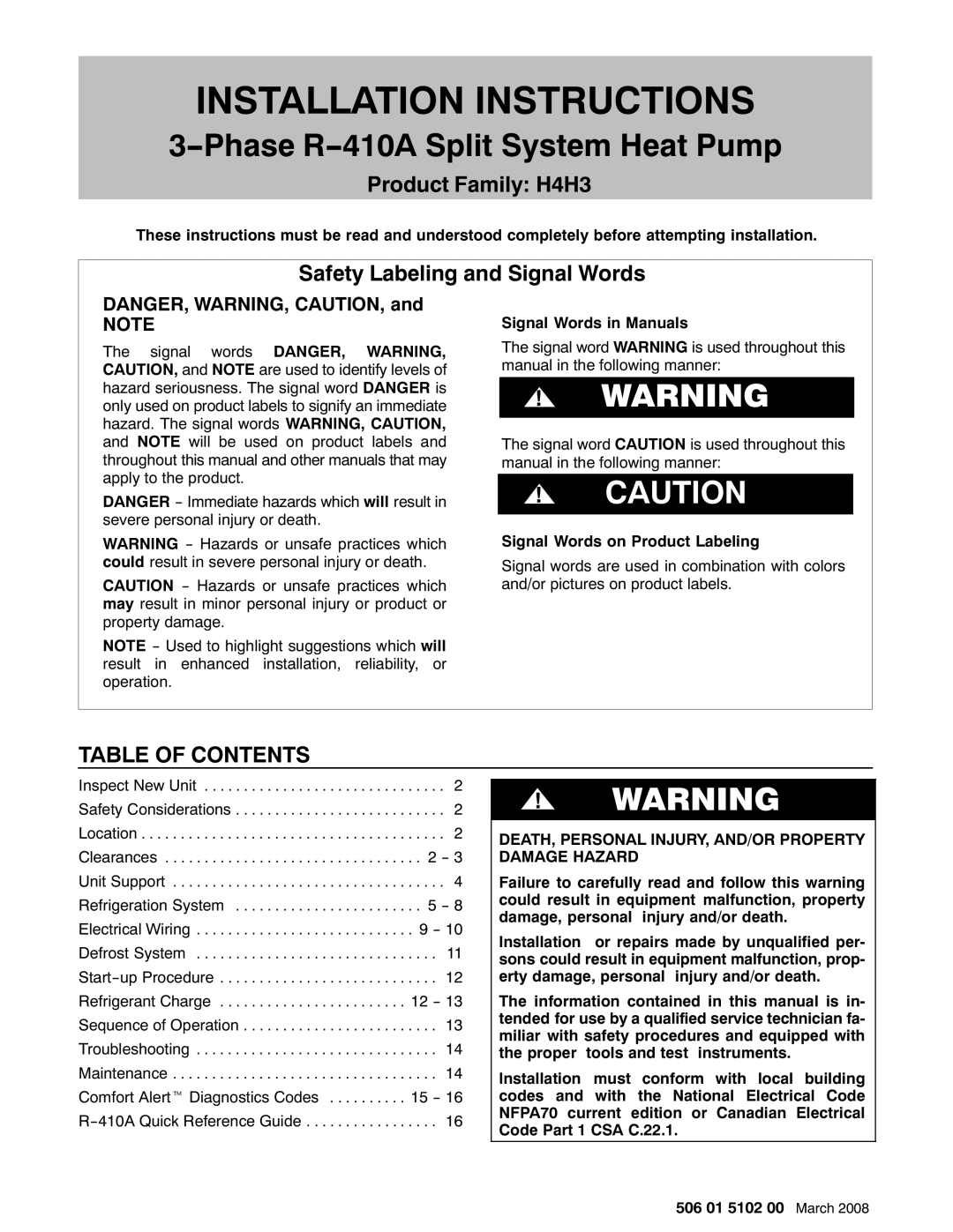 HP H4H3 manual Installation Instructions, Table of Contents 