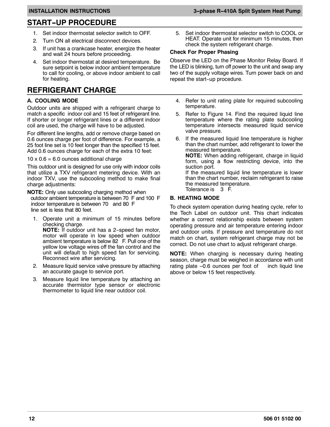 HP H4H3 manual START-UP Procedure, Refrigerant Charge, Check For Proper Phasing, Cooling Mode, Heating Mode 