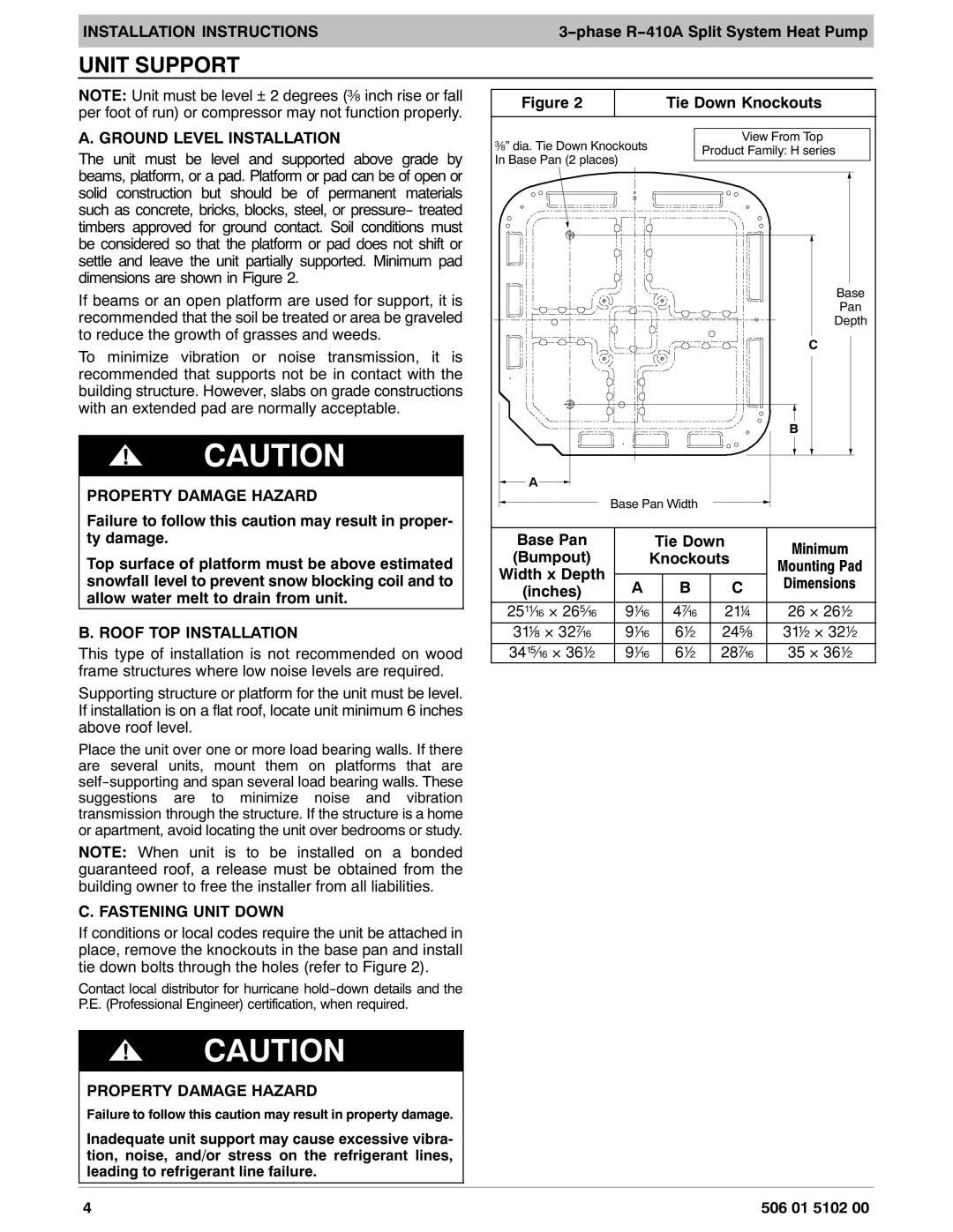 HP H4H3 manual Unit Support, Ground Level Installation, Roof TOP Installation, Fastening Unit Down 