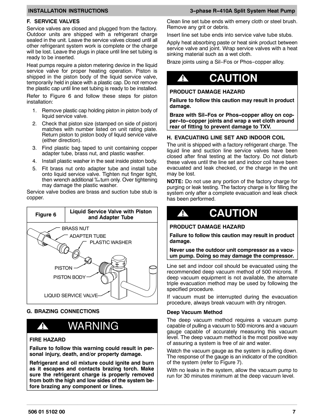 HP H4H3 Installation Instructions Service Valves, Brazing Connections Fire Hazard, Evacuating Line SET and Indoor Coil 