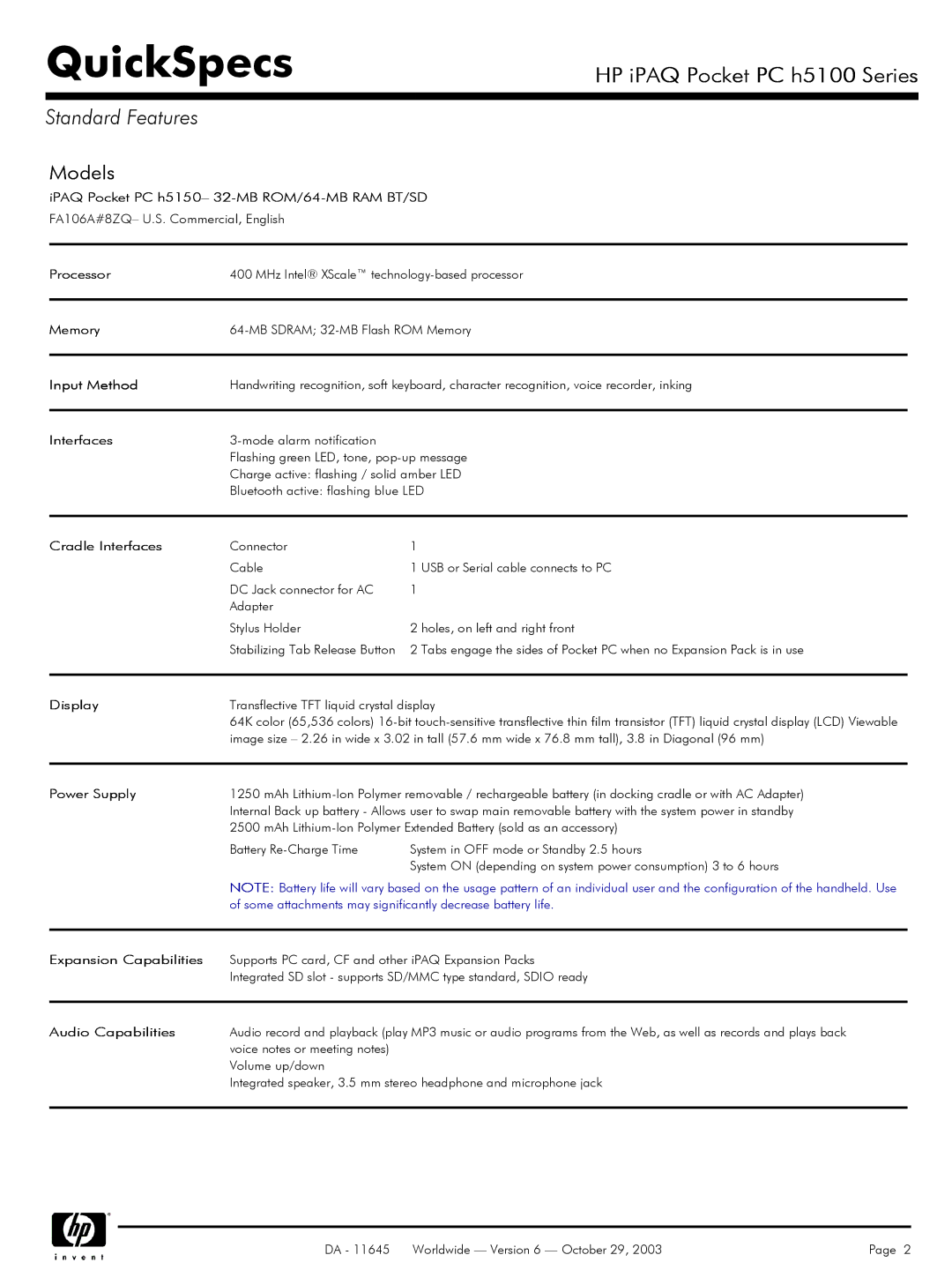 HP H5100 manual Standard Features, Models 