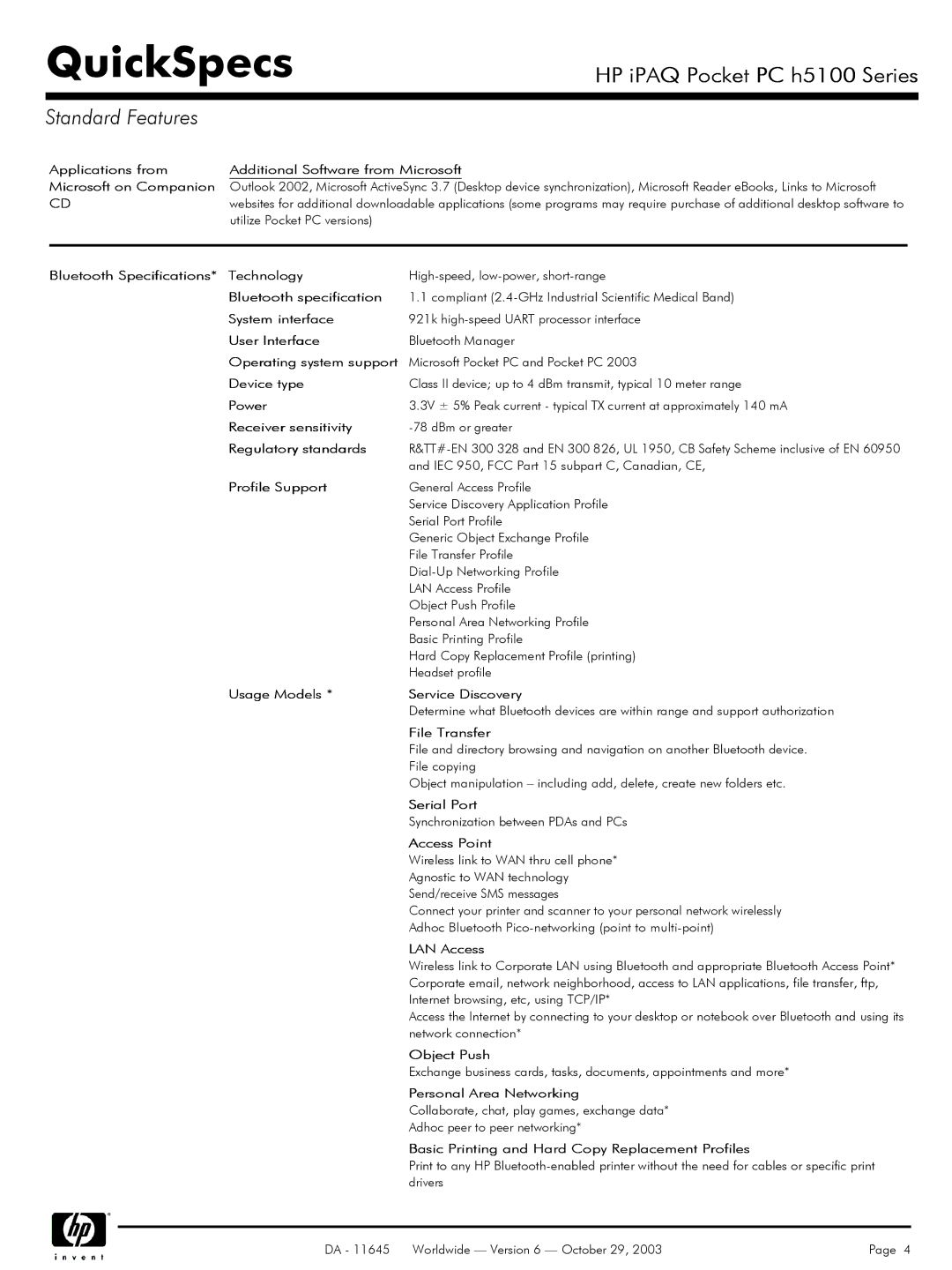 HP H5100 manual Applications from Additional Software from Microsoft, Bluetooth Specifications Technology, System interface 