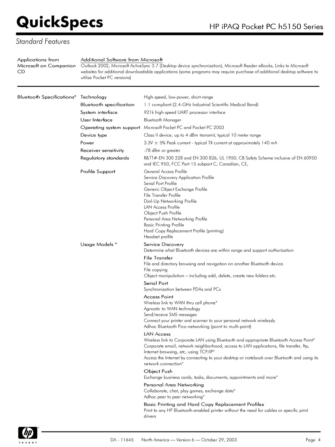 HP h5150 manual Applications from Additional Software from Microsoft, Bluetooth Specifications Technology, System interface 