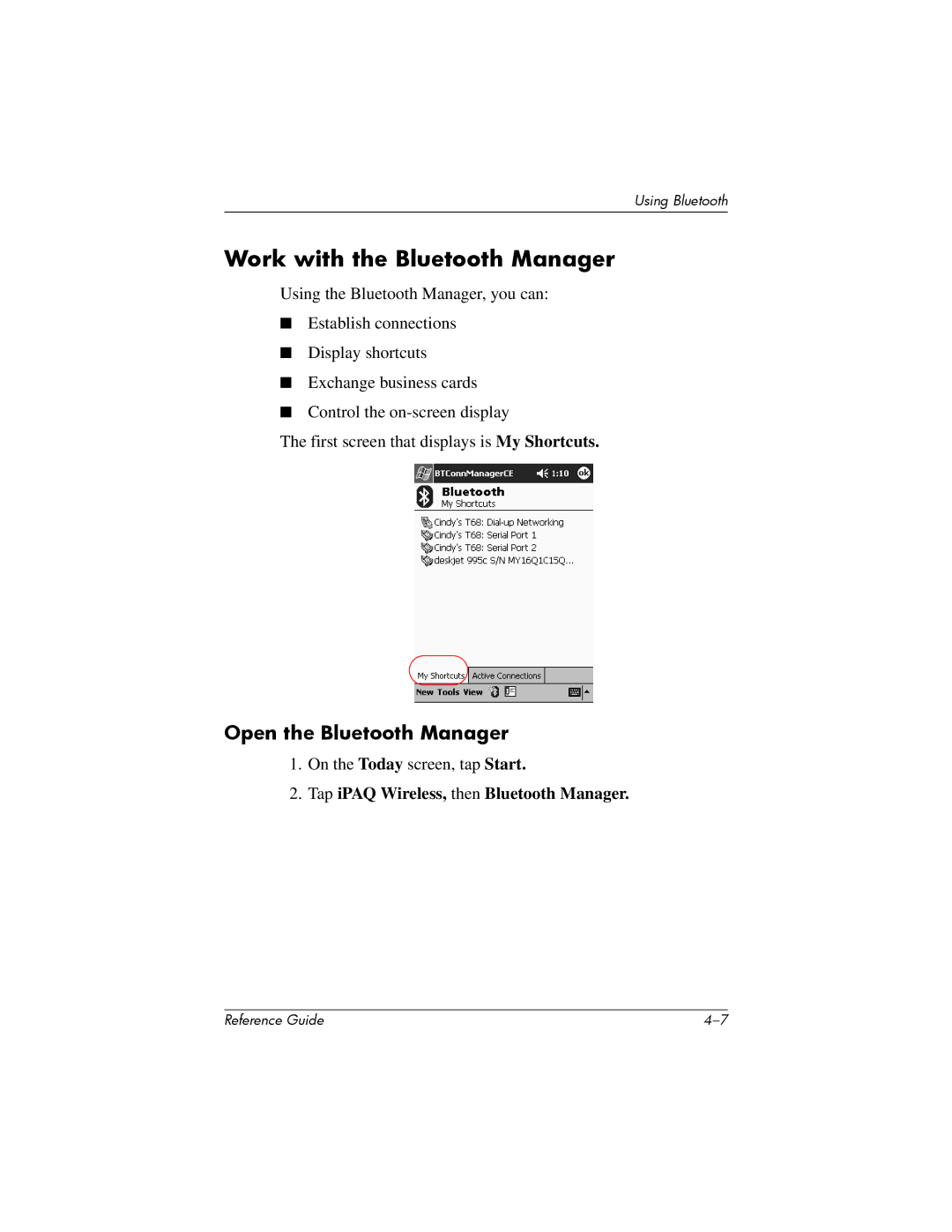 HP H5400 manual Work with the Bluetooth Manager, Open the Bluetooth Manager, Tap iPAQ Wireless, then Bluetooth Manager 