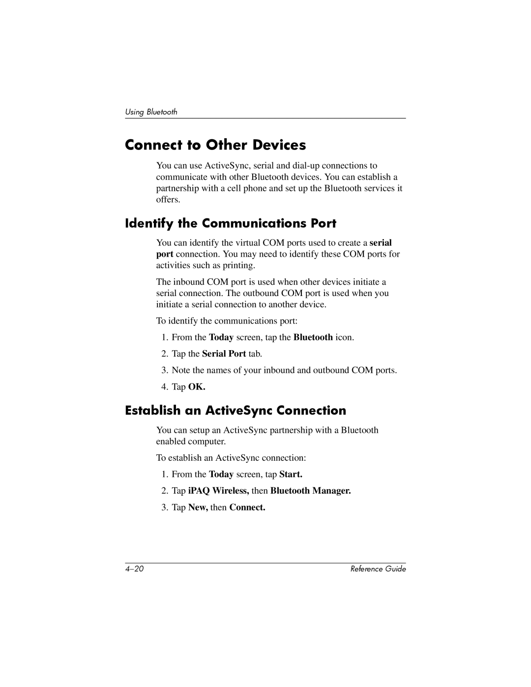 HP H5400 manual Connect to Other Devices, Identify the Communications Port, Establish an ActiveSync Connection 