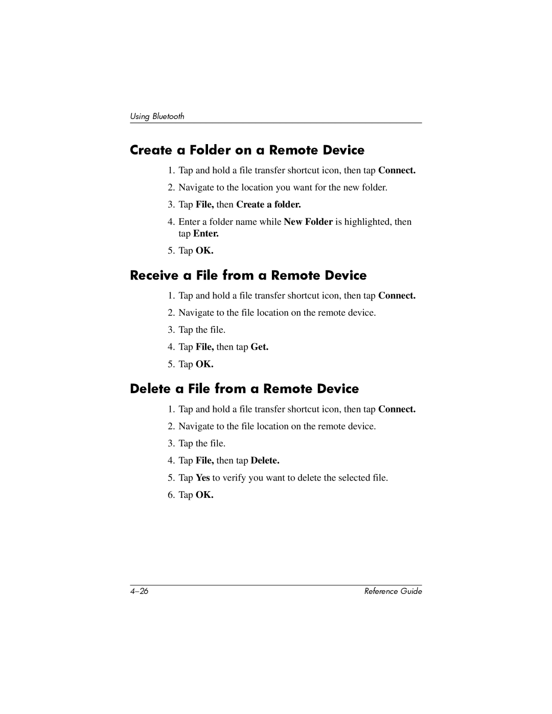 HP H5400 manual Create a Folder on a Remote Device, Receive a File from a Remote Device, Delete a File from a Remote Device 