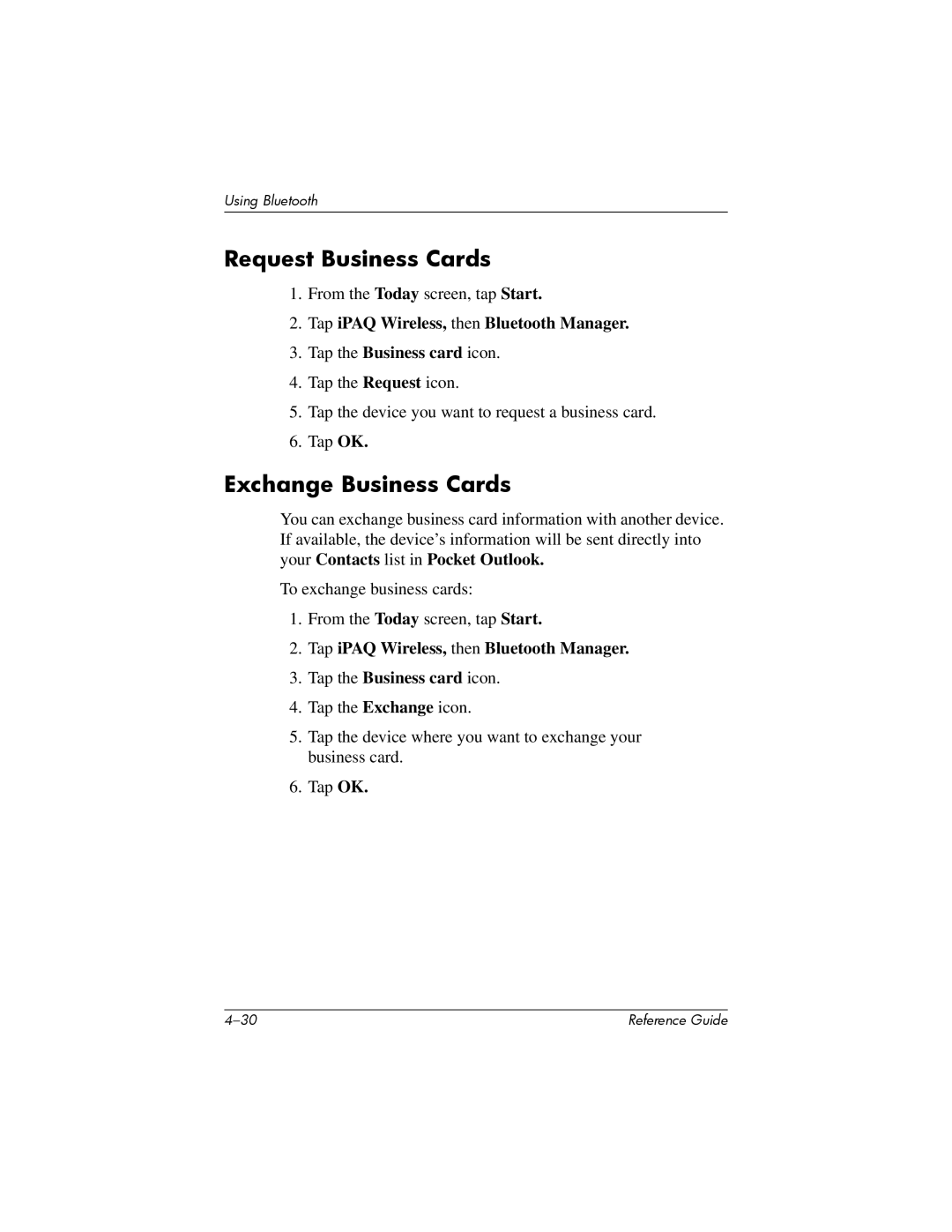 HP H5400 manual Request Business Cards, Exchange Business Cards 