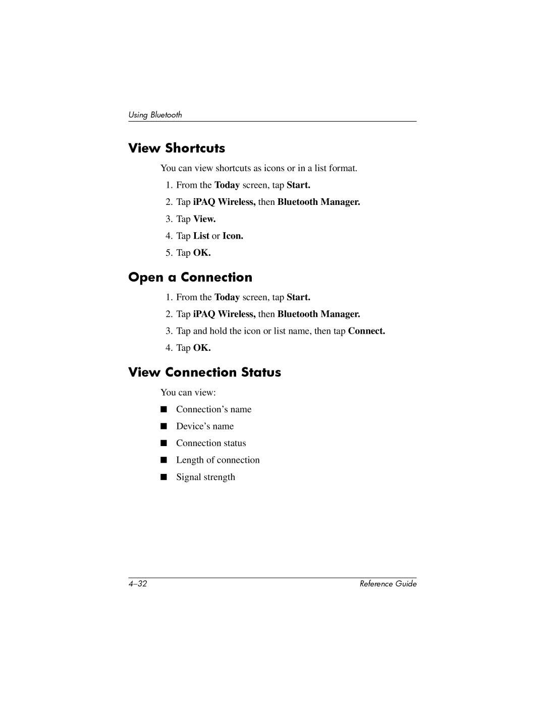 HP H5400 manual View Shortcuts, Open a Connection, View Connection Status 