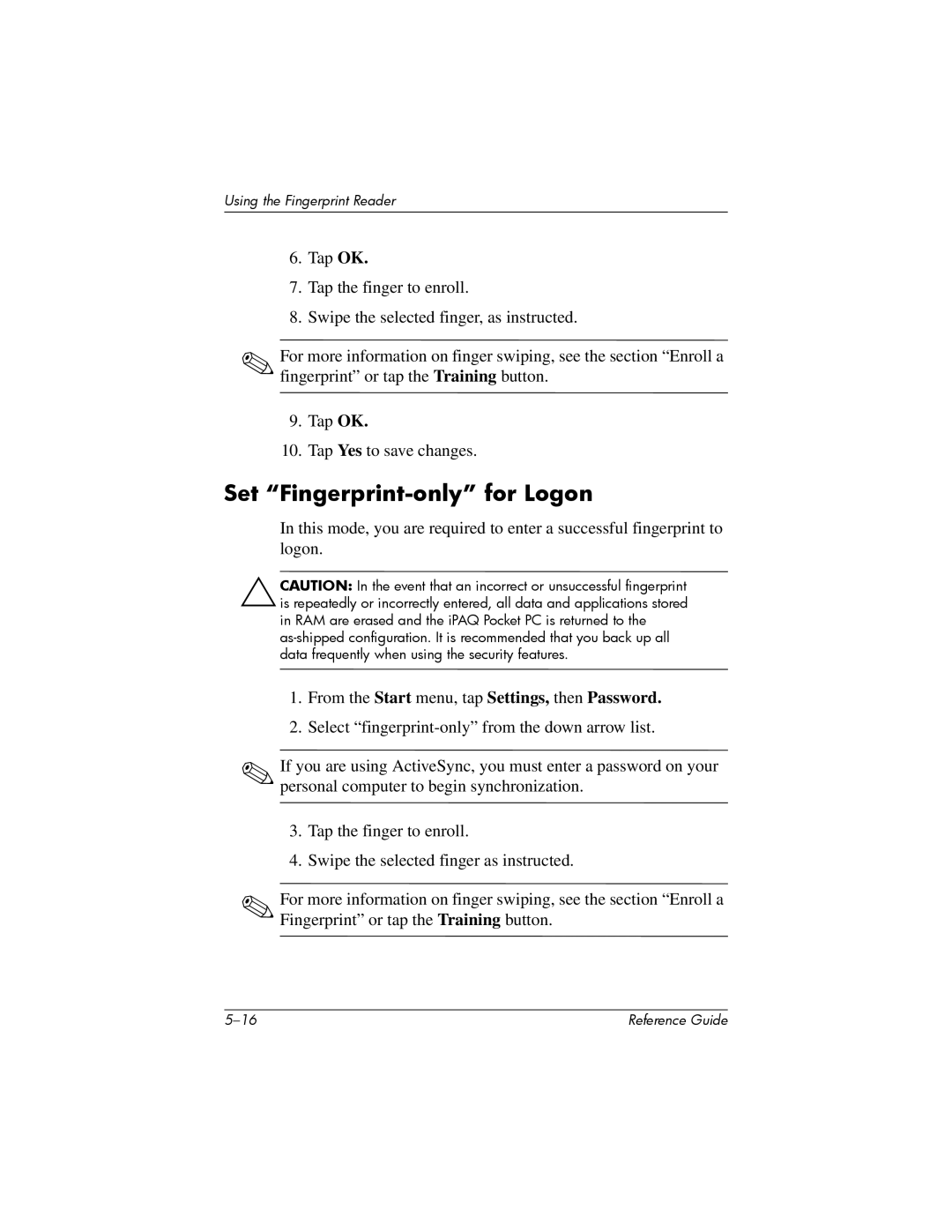 HP H5400 manual Set Fingerprint-only for Logon 