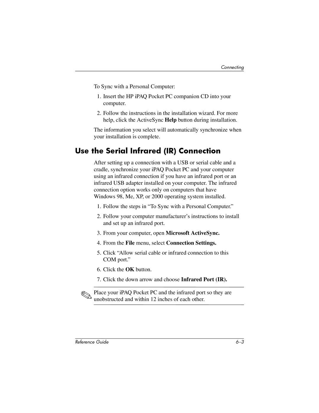 HP H5400 manual Use the Serial Infrared IR Connection, From the File menu, select Connection Settings 