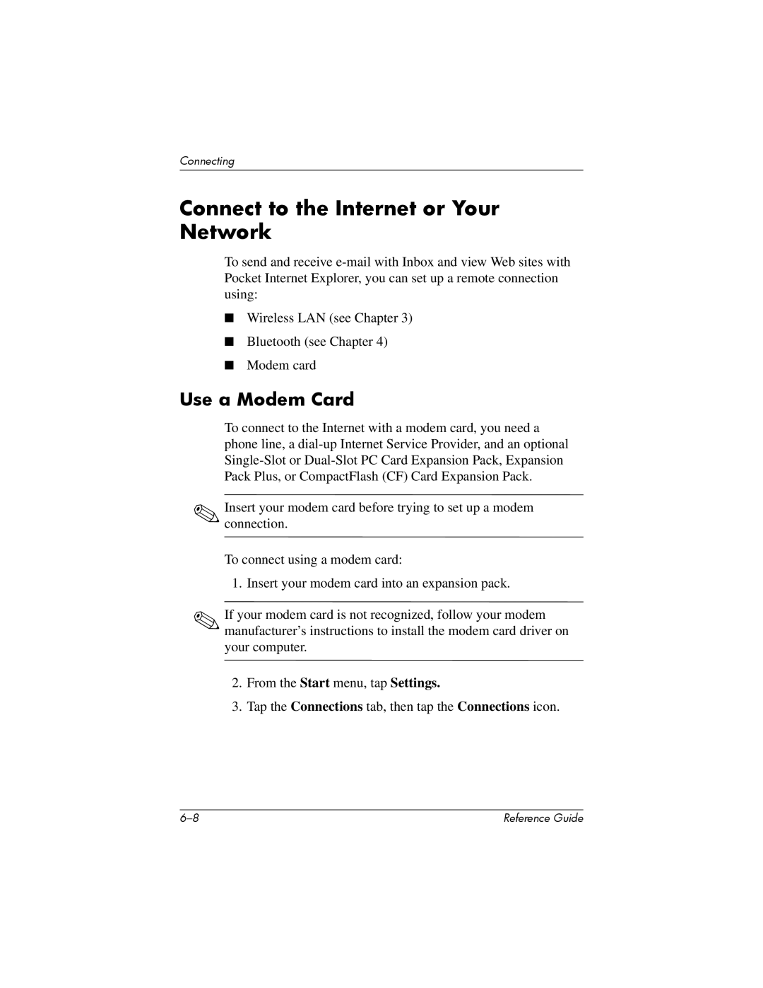 HP H5400 manual Connect to the Internet or Your Network, Use a Modem Card 