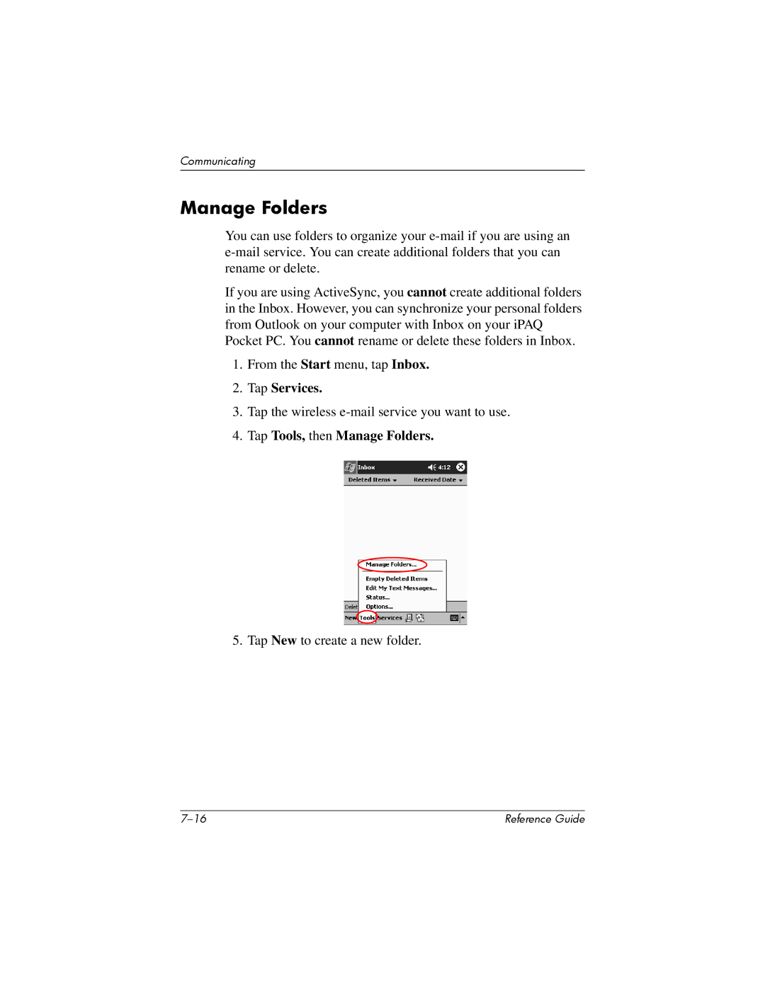 HP H5400 manual Tap Tools, then Manage Folders 