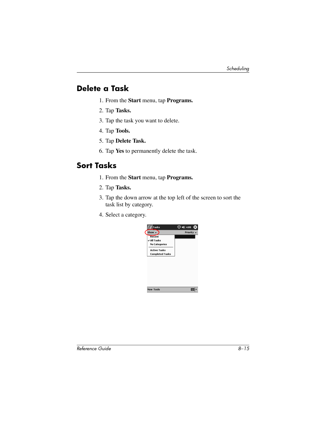 HP H5400 manual Delete a Task, Sort Tasks, Tap Tools Tap Delete Task 