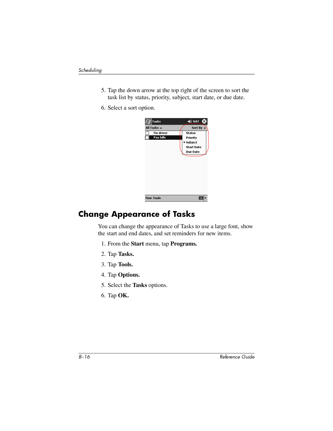 HP H5400 manual Change Appearance of Tasks, Tap Tasks Tap Tools Tap Options 