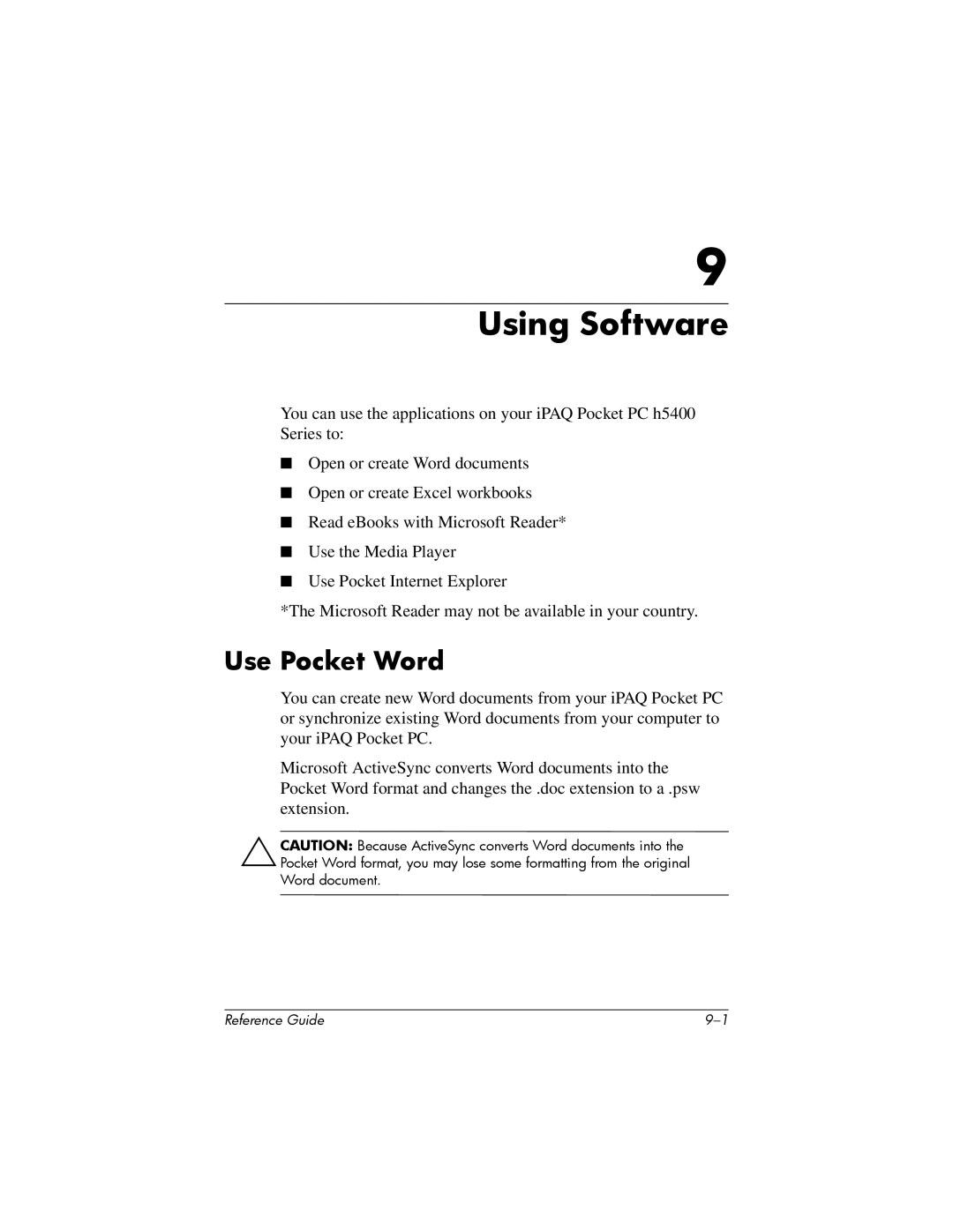 HP H5400 manual Using Software, Use Pocket Word 