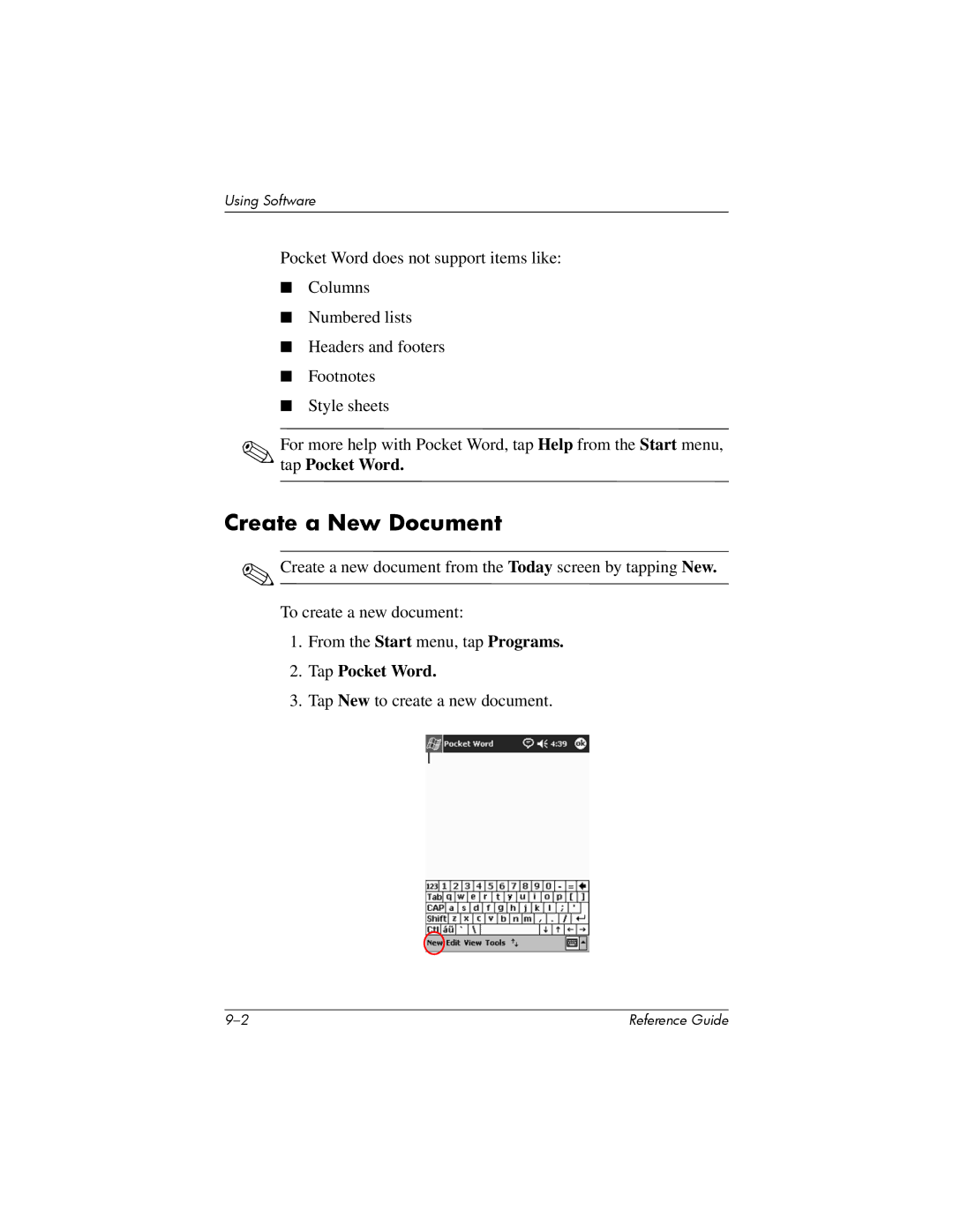 HP H5400 manual Create a New Document, Tap Pocket Word 