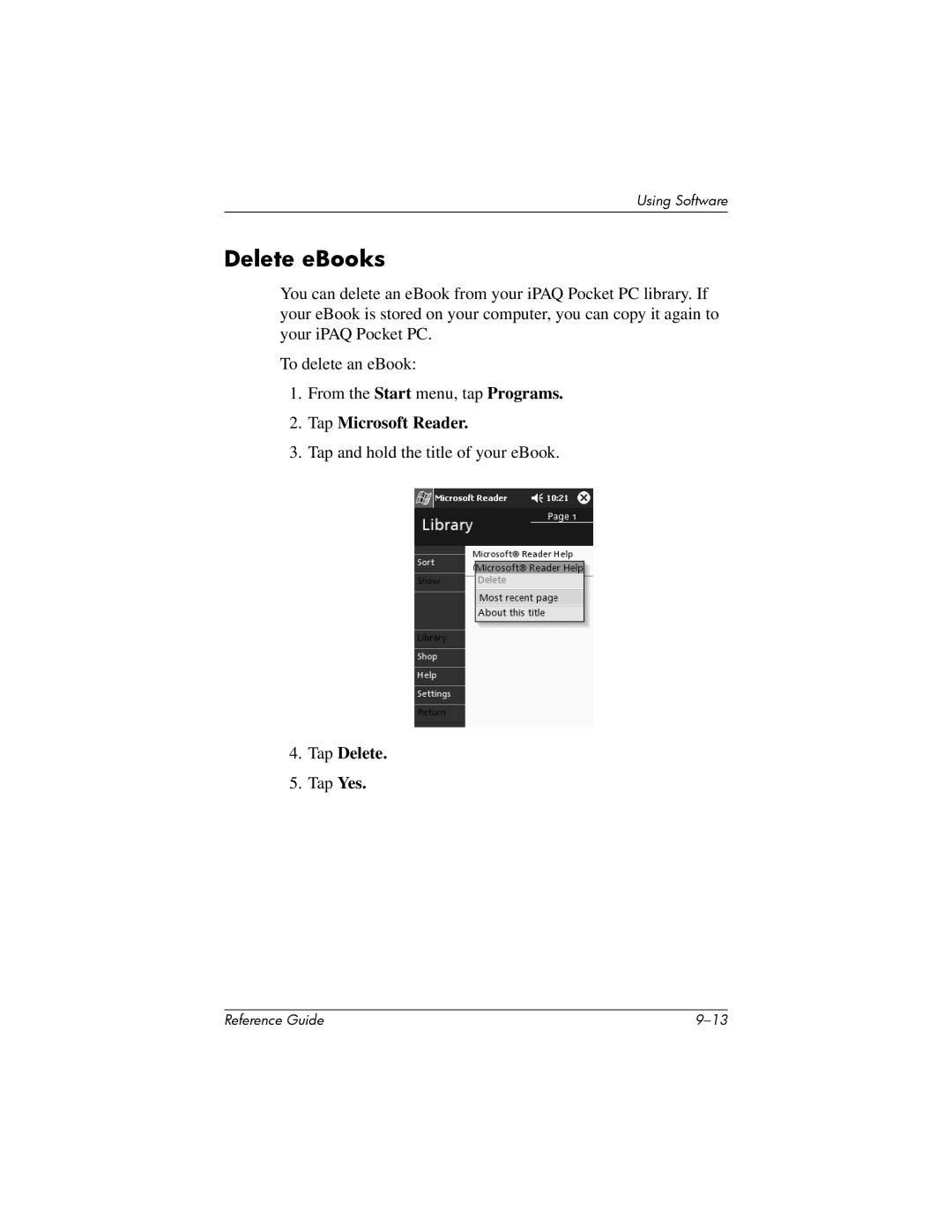 HP H5400 manual Delete eBooks, Tap Delete 