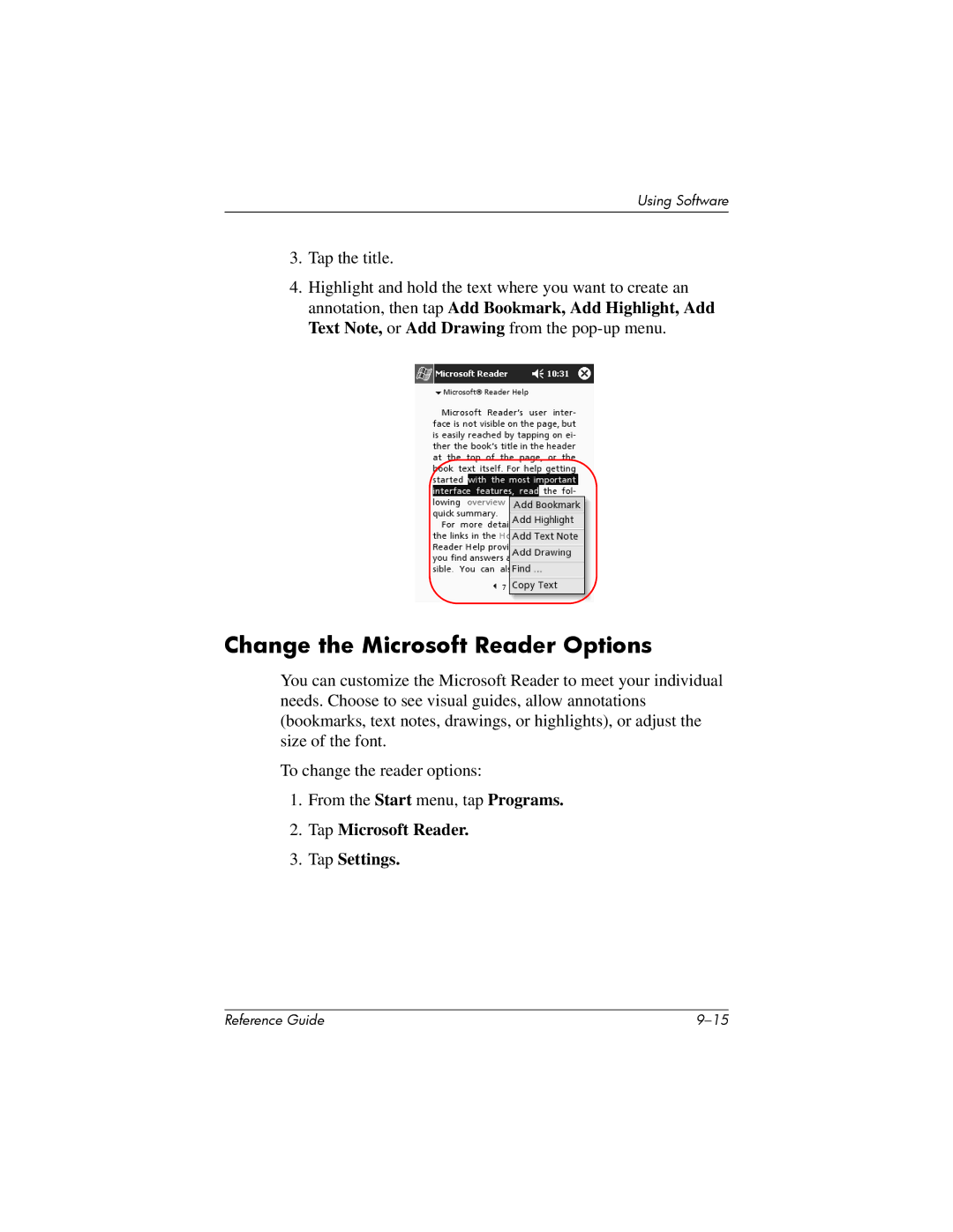 HP H5400 manual Change the Microsoft Reader Options, Tap Microsoft Reader Tap Settings 