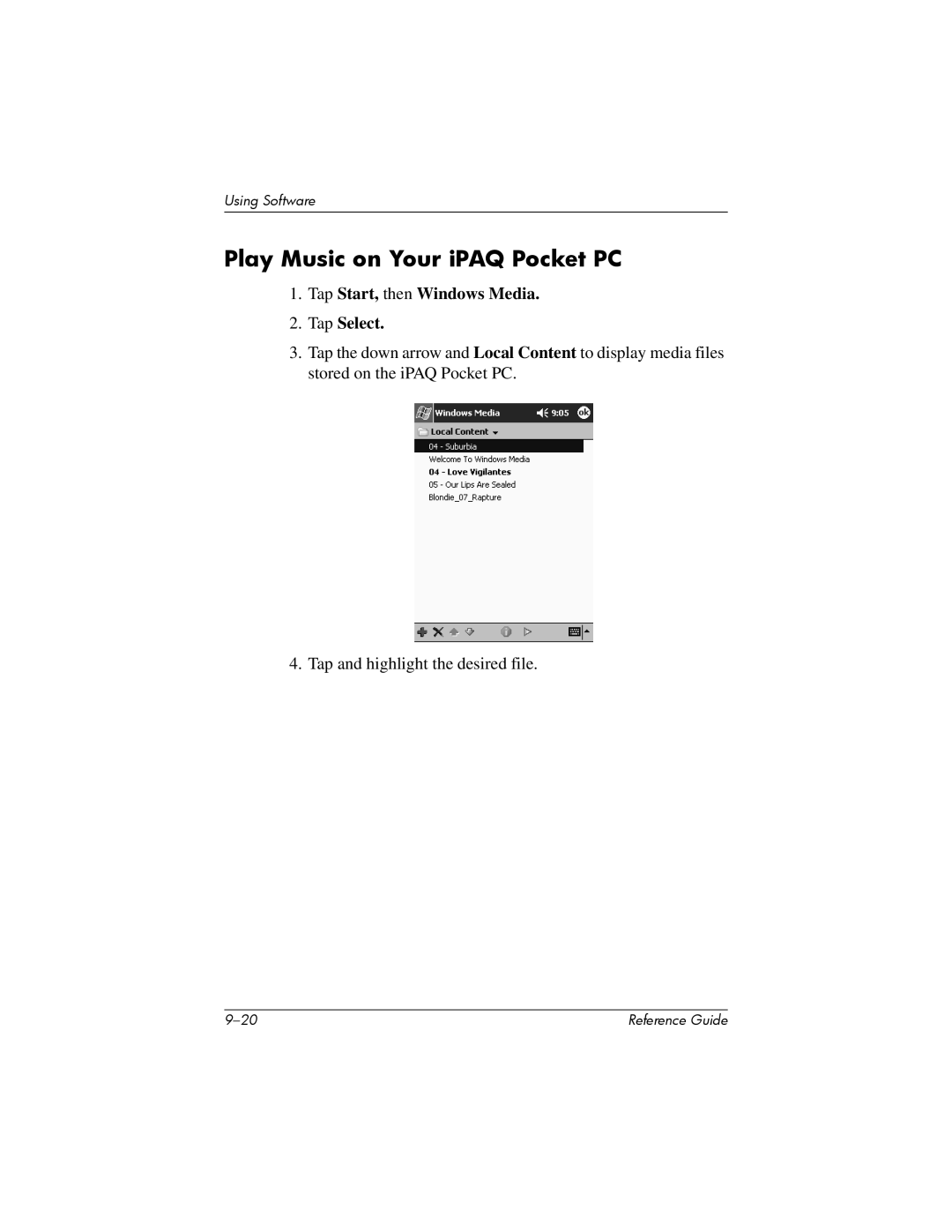 HP H5400 manual Play Music on Your iPAQ Pocket PC, Tap Start, then Windows Media Tap Select 