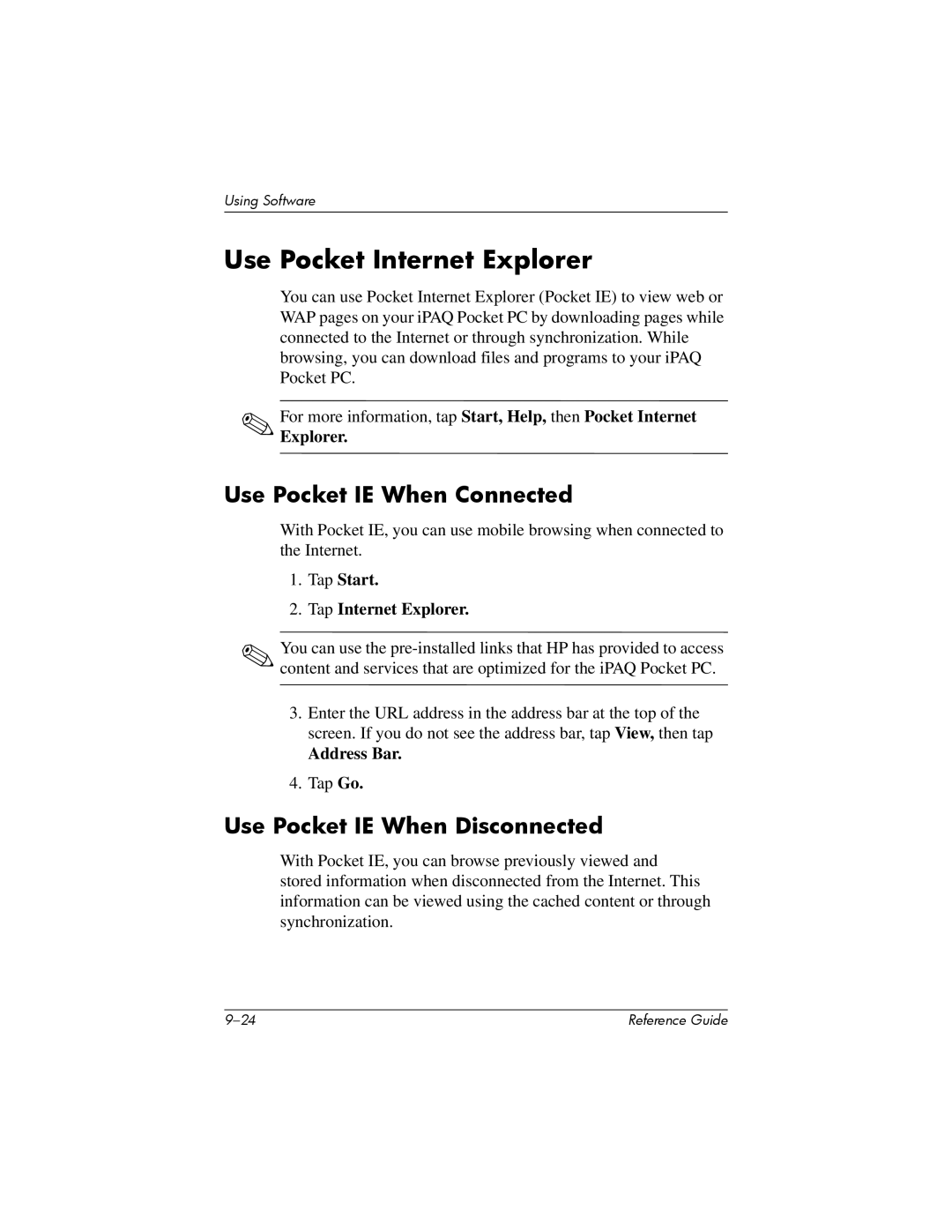 HP H5400 manual Use Pocket Internet Explorer, Use Pocket IE When Connected, Use Pocket IE When Disconnected 