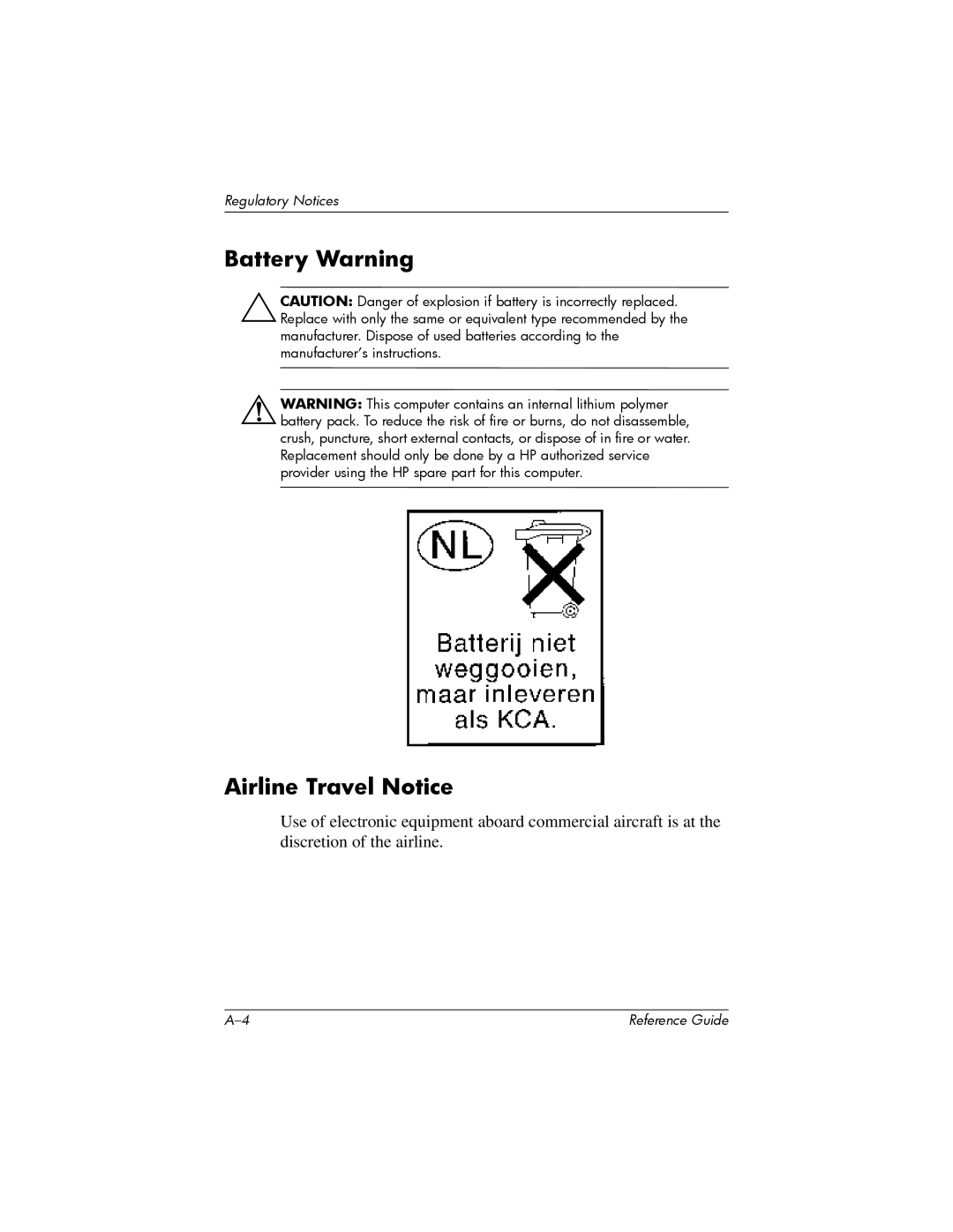 HP H5400 manual Battery Warning Airline Travel Notice 