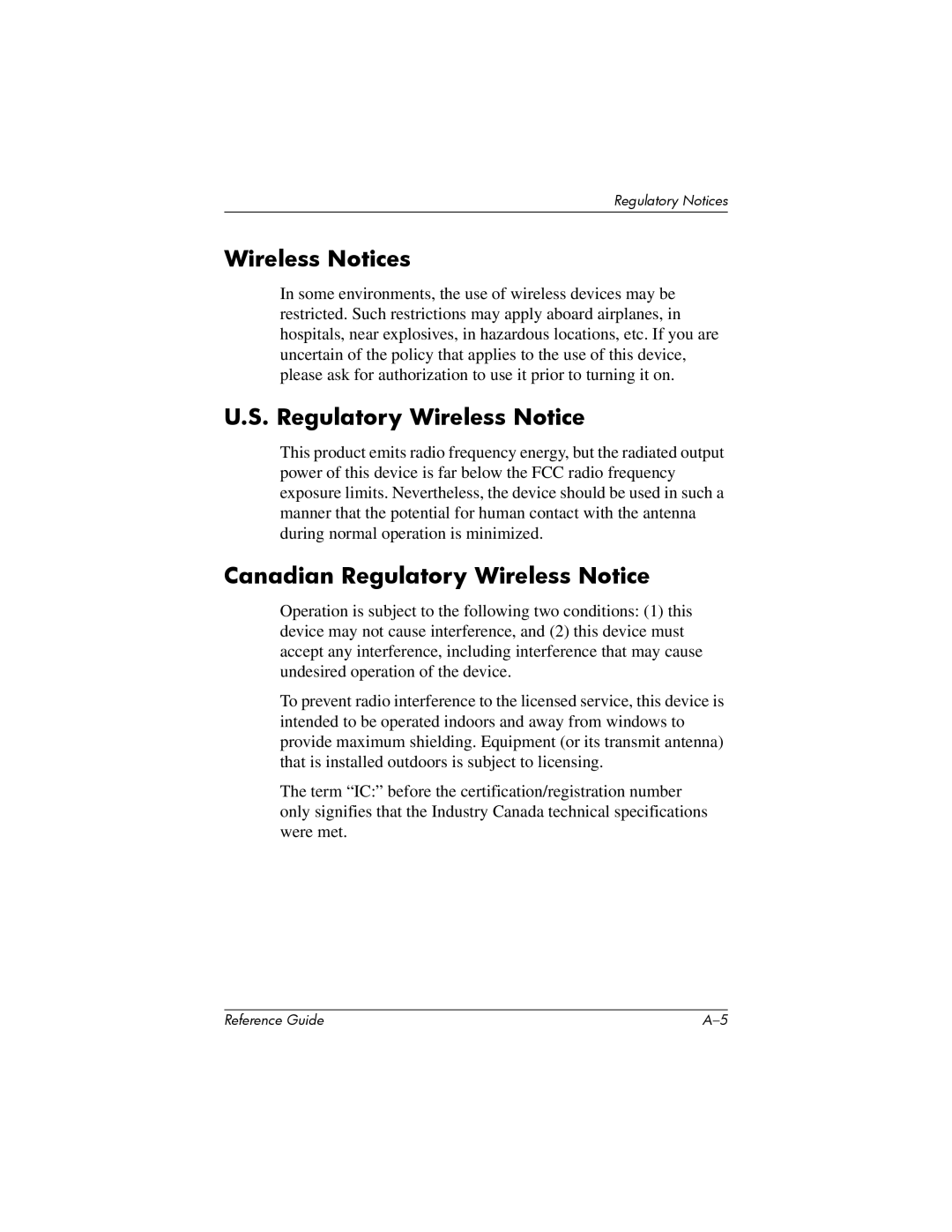 HP H5400 manual Wireless Notices, Canadian Regulatory Wireless Notice 