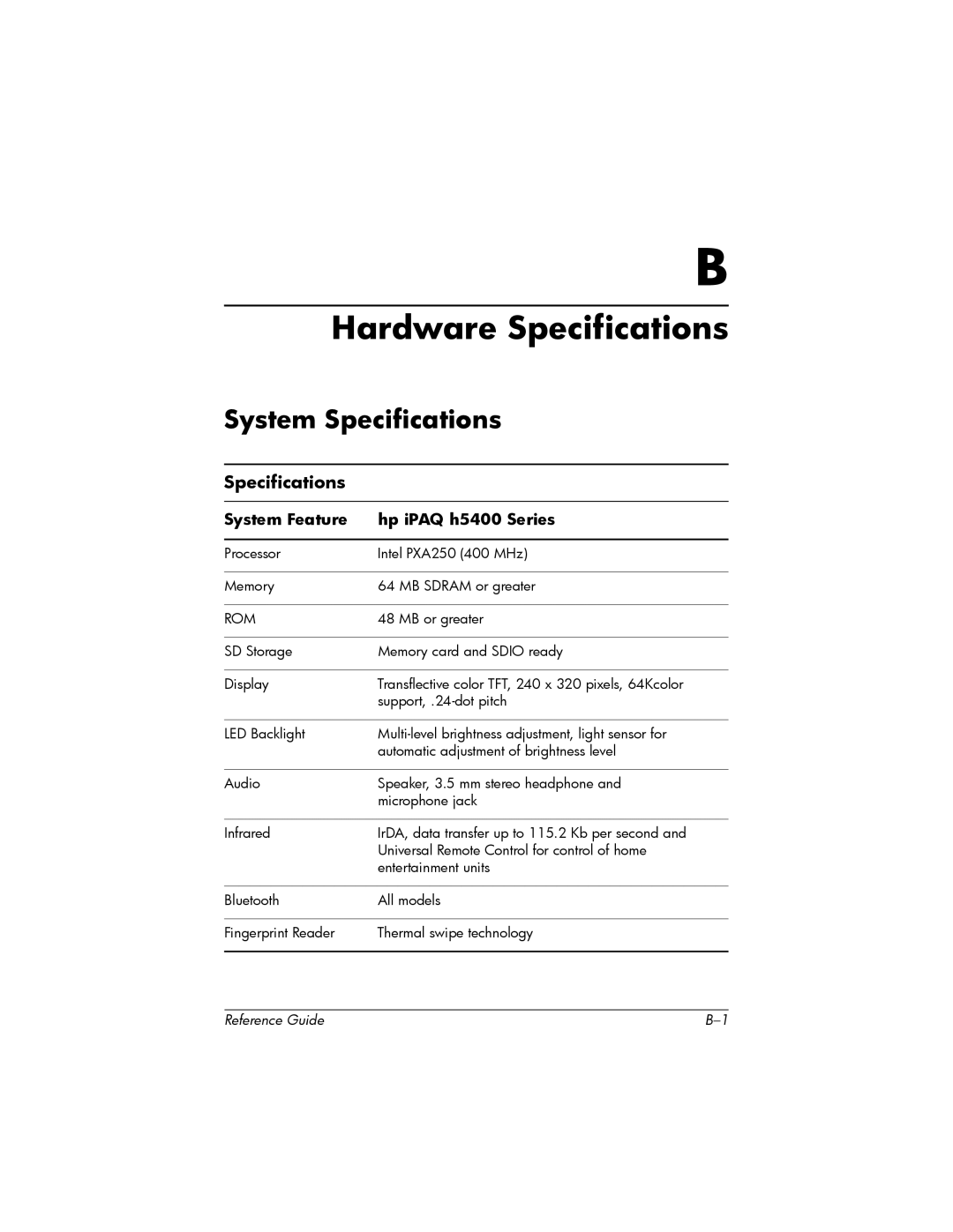 HP H5400 manual Hardware Specifications, System Specifications 