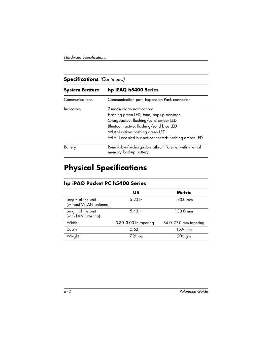 HP H5400 manual Physical Specifications, Hp iPAQ Pocket PC h5400 Series 