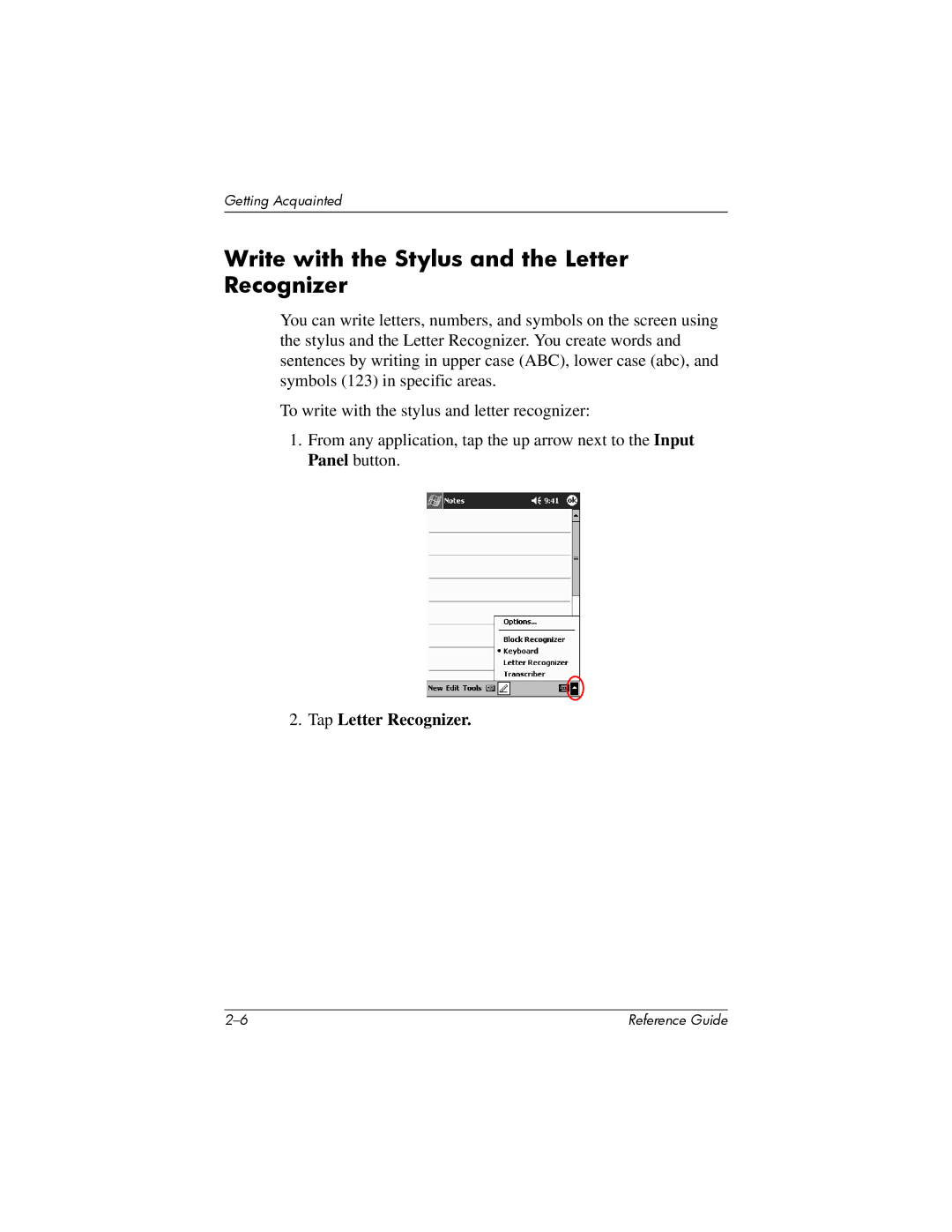 HP H5400 manual Write with the Stylus and the Letter Recognizer, Tap Letter Recognizer 