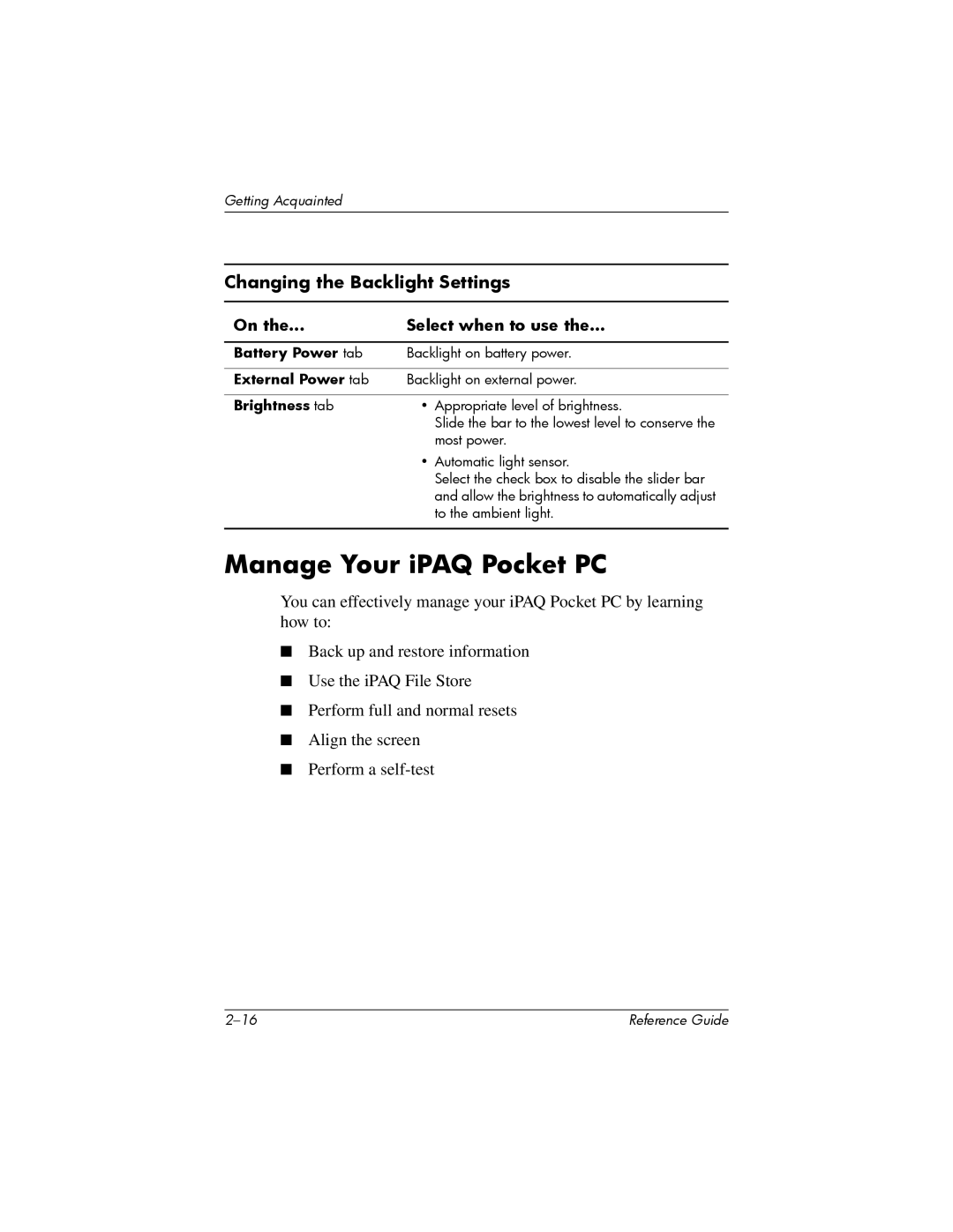 HP H5400 manual Manage Your iPAQ Pocket PC, Changing the Backlight Settings 