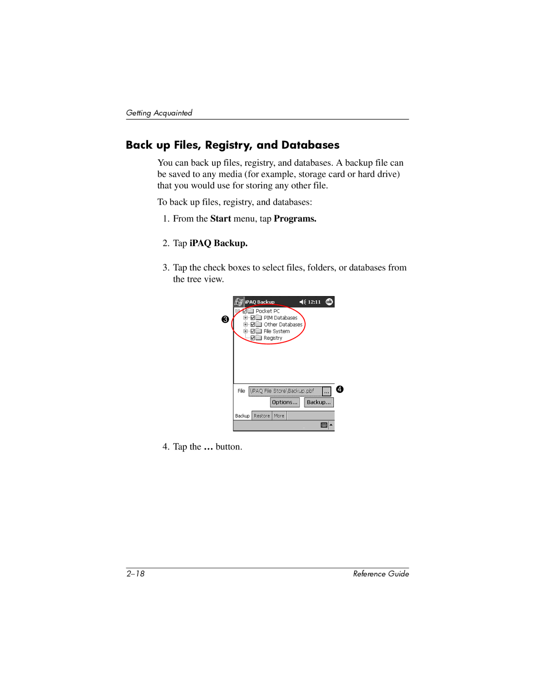 HP H5400 manual Back up Files, Registry, and Databases, Tap iPAQ Backup 