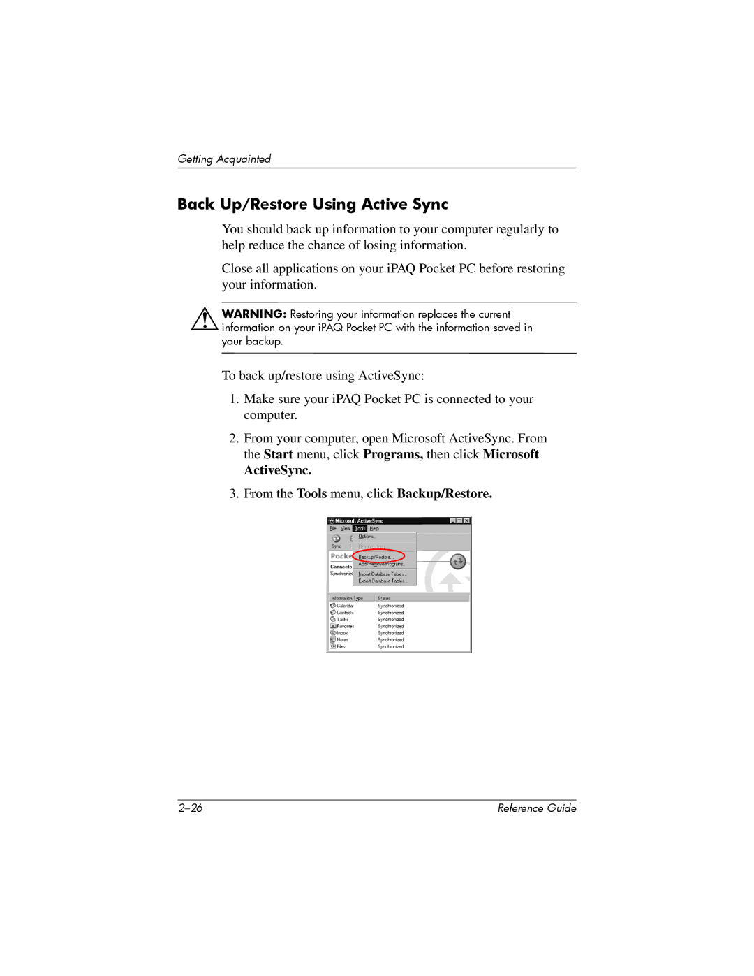 HP H5400 manual Back Up/Restore Using Active Sync, ActiveSync 