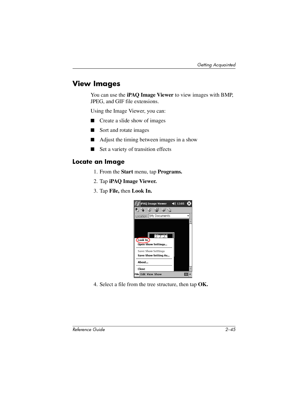 HP H5400 manual View Images, Locate an Image, Tap iPAQ Image Viewer Tap File, then Look 