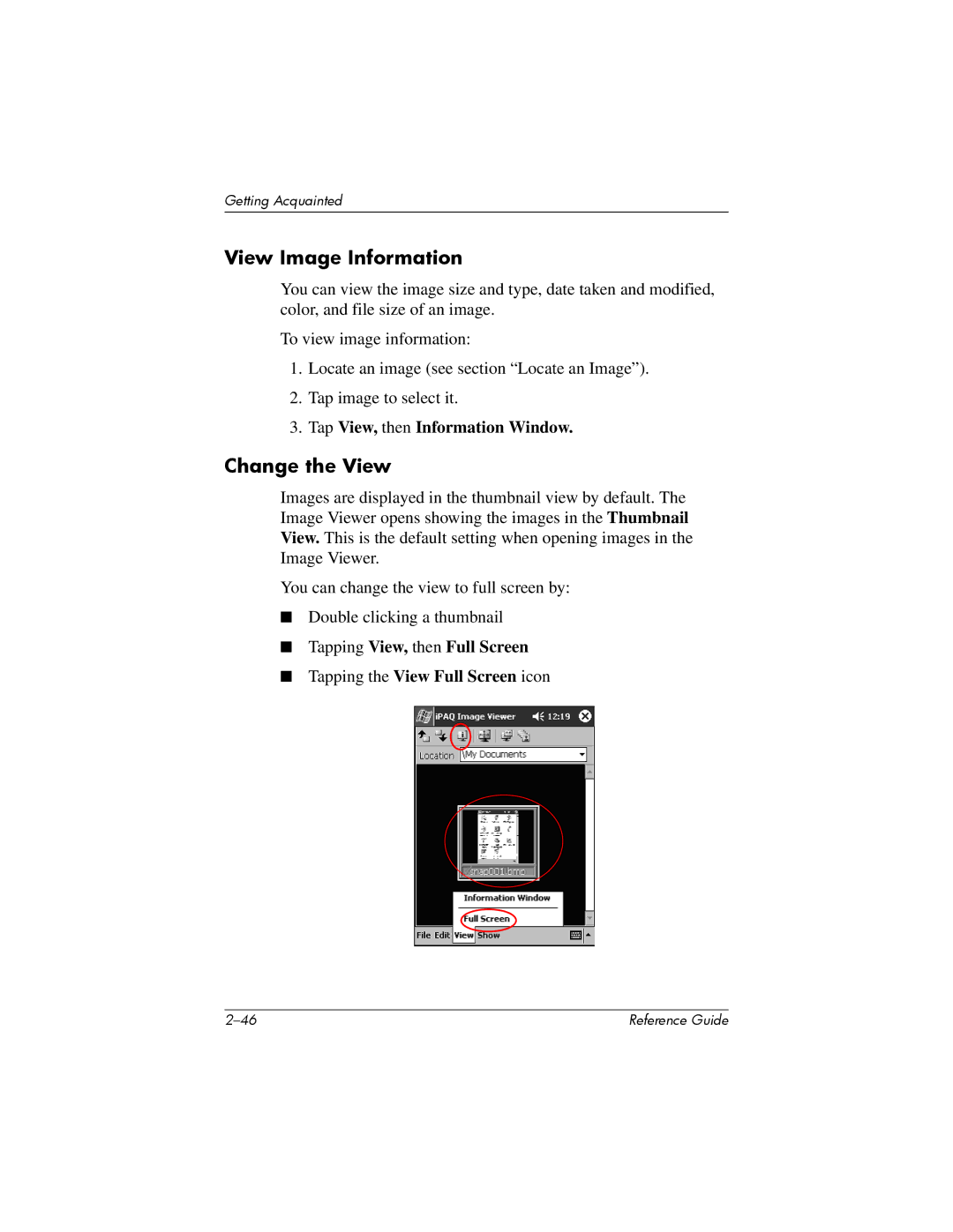 HP H5400 manual View Image Information, Change the View, Tap View, then Information Window 