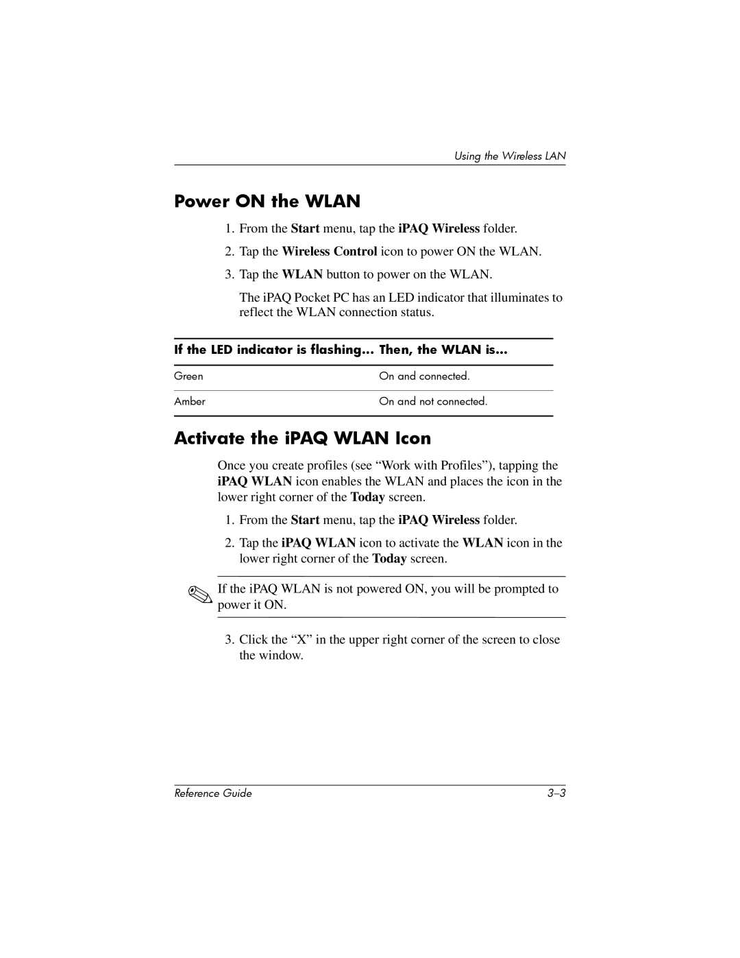 HP H5400 manual Power on the Wlan, Activate the iPAQ Wlan Icon 