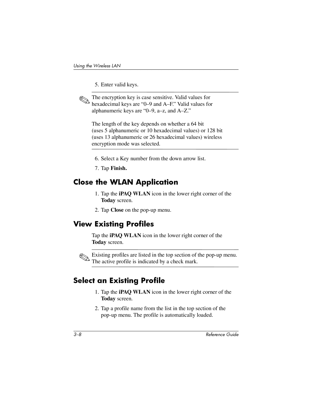 HP H5400 manual Close the Wlan Application, View Existing Profiles, Select an Existing Profile 