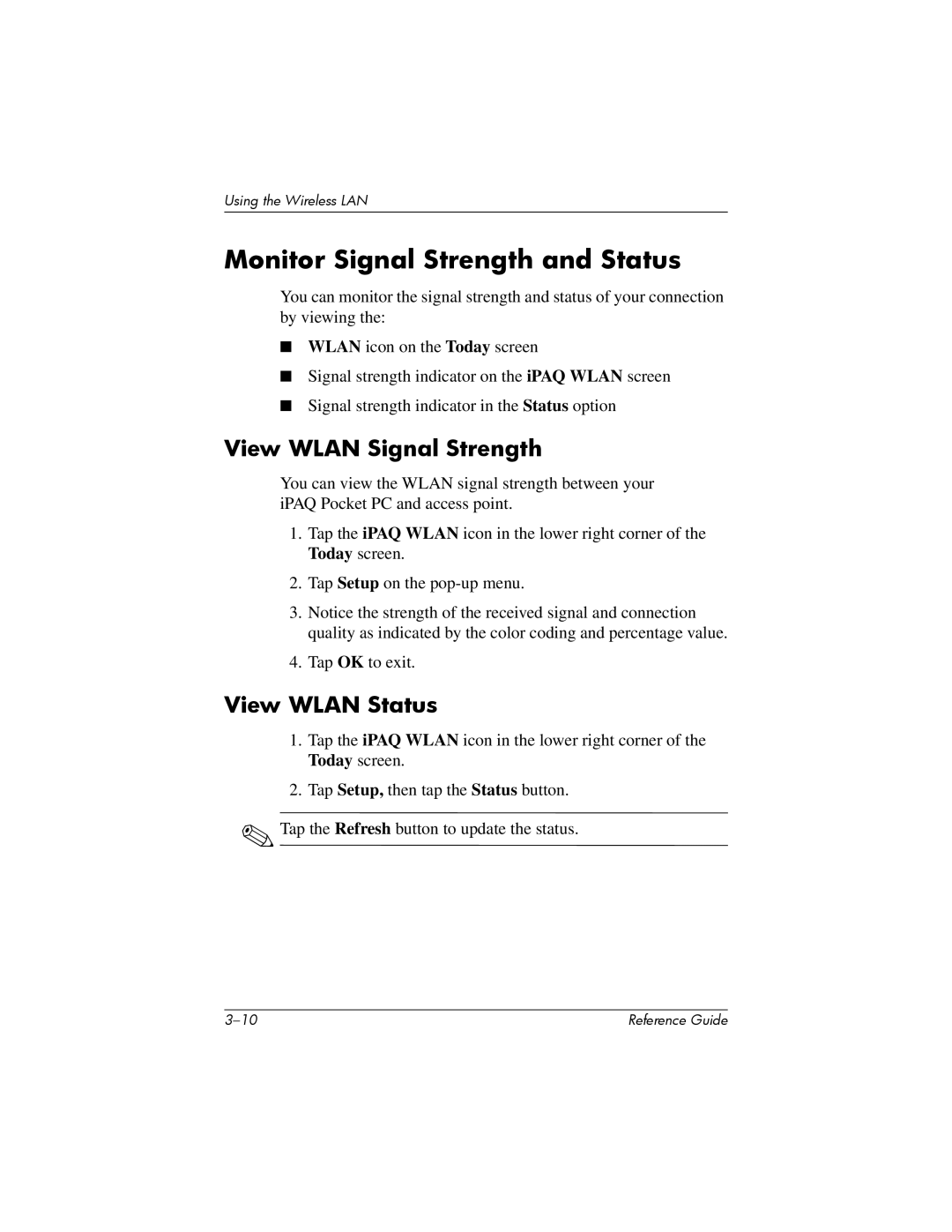 HP H5400 manual Monitor Signal Strength and Status, View Wlan Signal Strength, View Wlan Status 