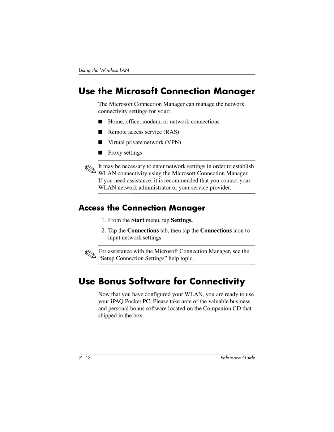 HP H5400 manual Use the Microsoft Connection Manager, Use Bonus Software for Connectivity, Access the Connection Manager 