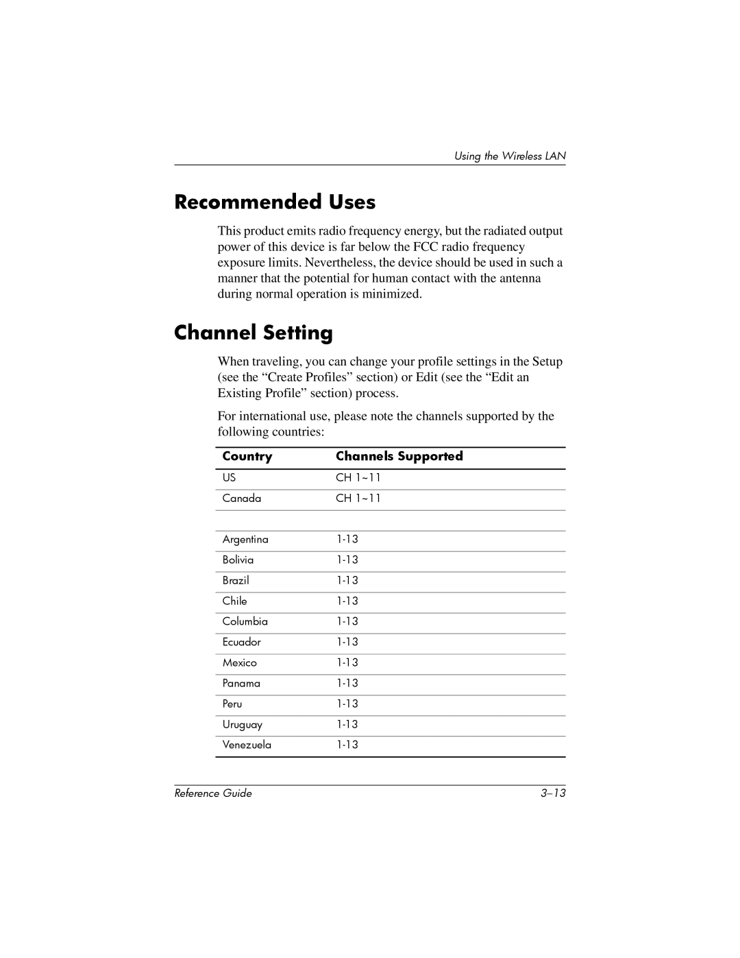 HP H5400 manual Recommended Uses, Channel Setting 