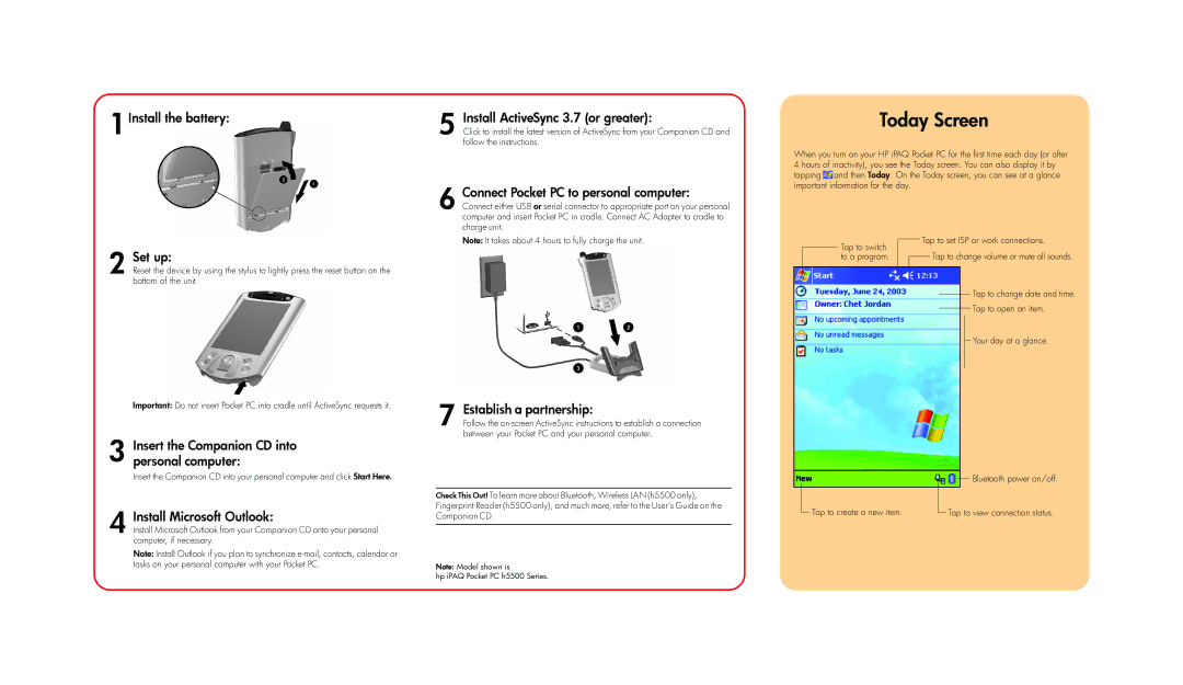 HP H5500, H5100 manual Install the battery Install ActiveSync 3.7 or greater, Connect Pocket PC to personal computer, Set up 