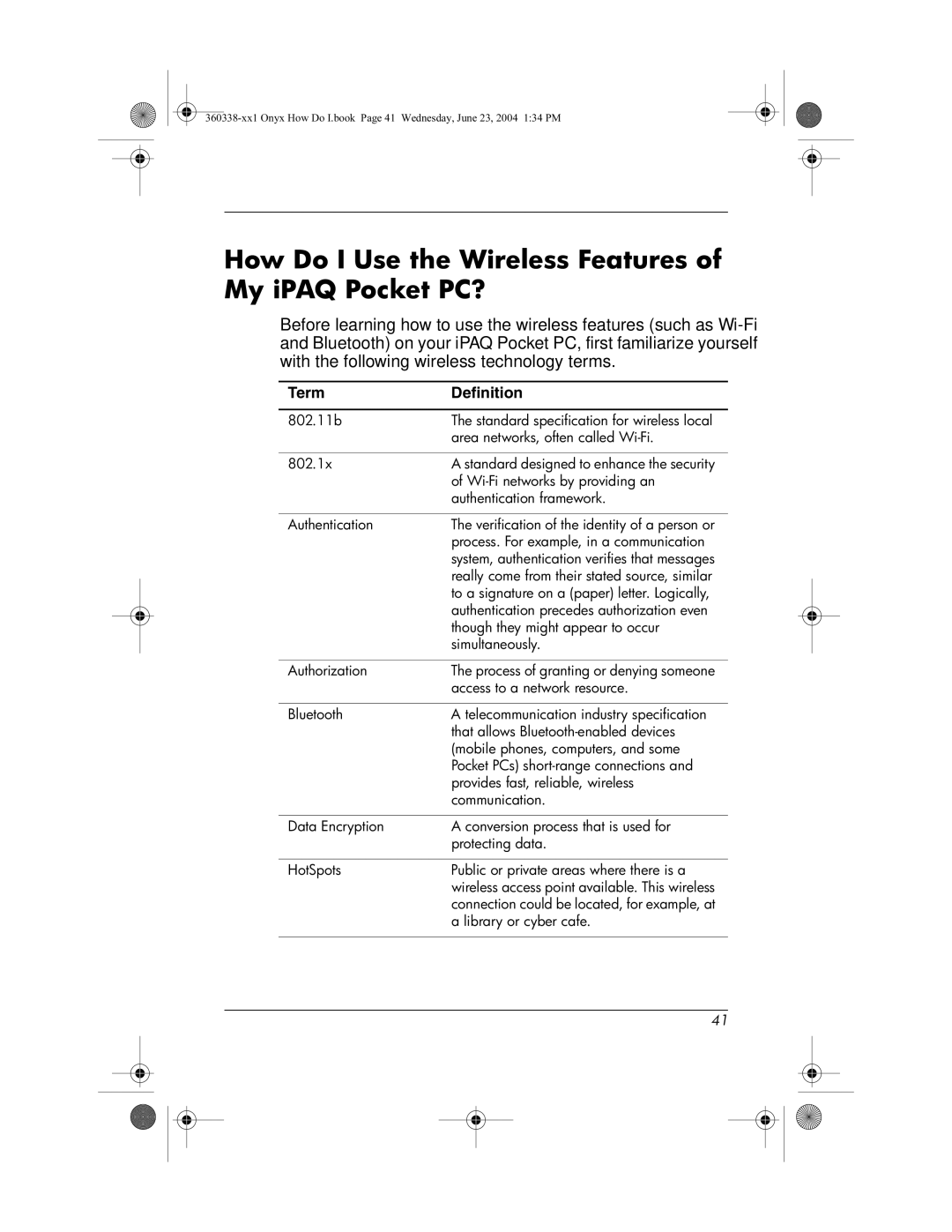 HP h6300 manual How Do I Use the Wireless Features of My iPAQ Pocket PC?, Term Definition 